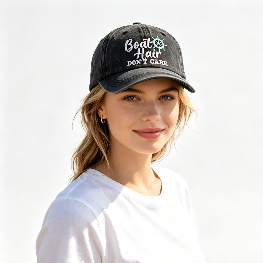 Boat Hair Don't Care Embroidered Baseball Cap, Vintage Washed Distressed Cotton Hat With Ship Wheel Embroidery For Women Boating Fishing Beach — image 2