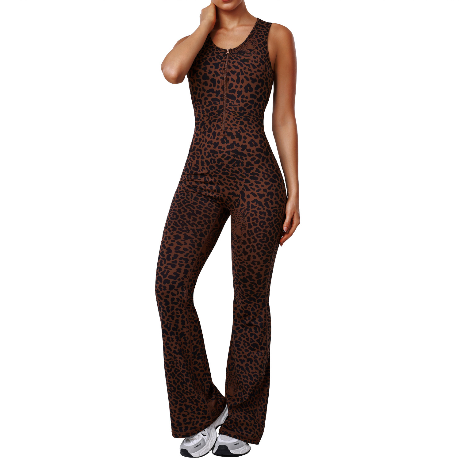 Leopard Print High-Waisted Flared Jumpsuit with Backless Design, Sexy Yoga Bodysuit, Fashionable Casual Activewear with Built-in Bra — image 2