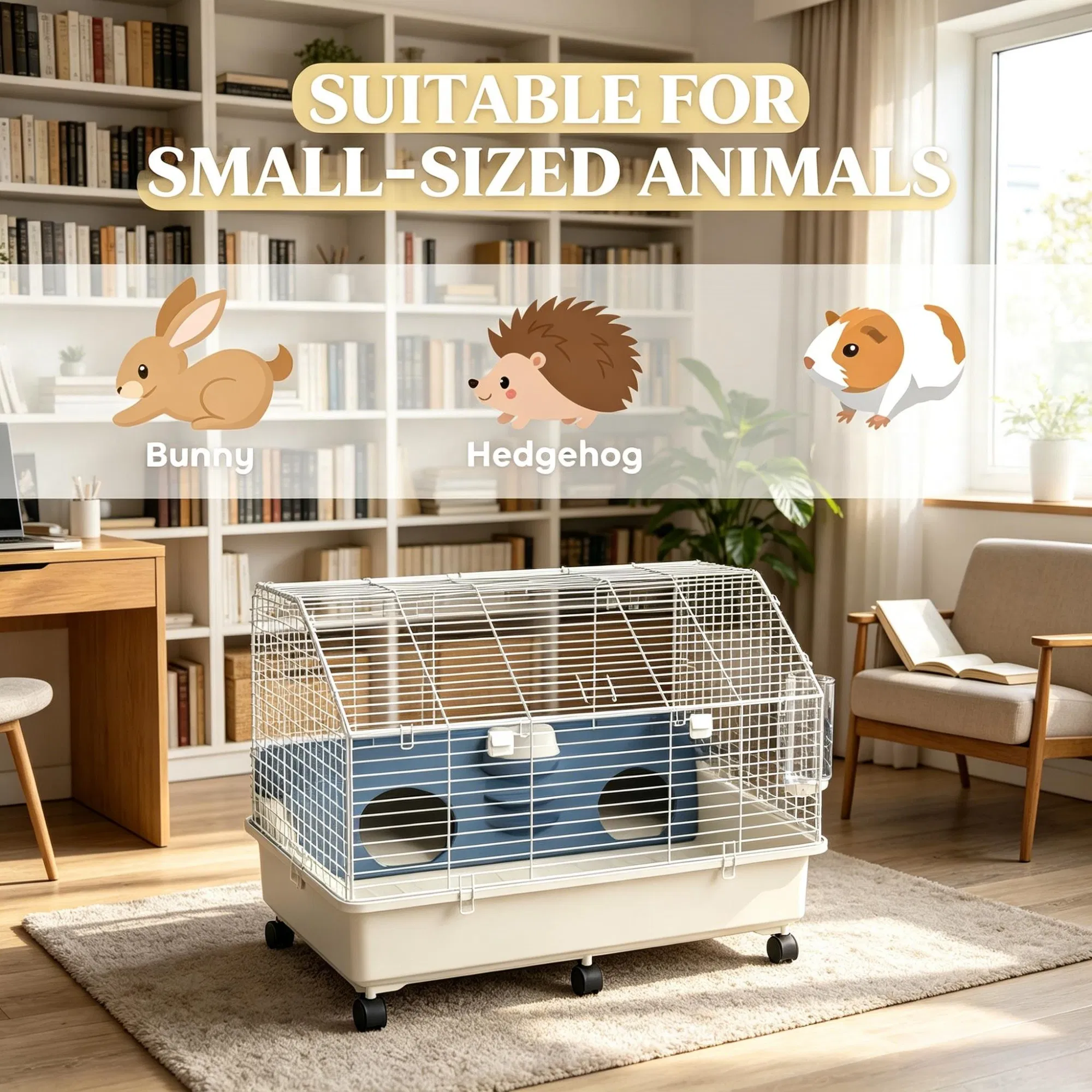 35"35"25" Rolling Small Animal Cage with Water Bottle Hay Feeder Food Dish for Rabbits Hedgehogs Guinea Pigs — image 2