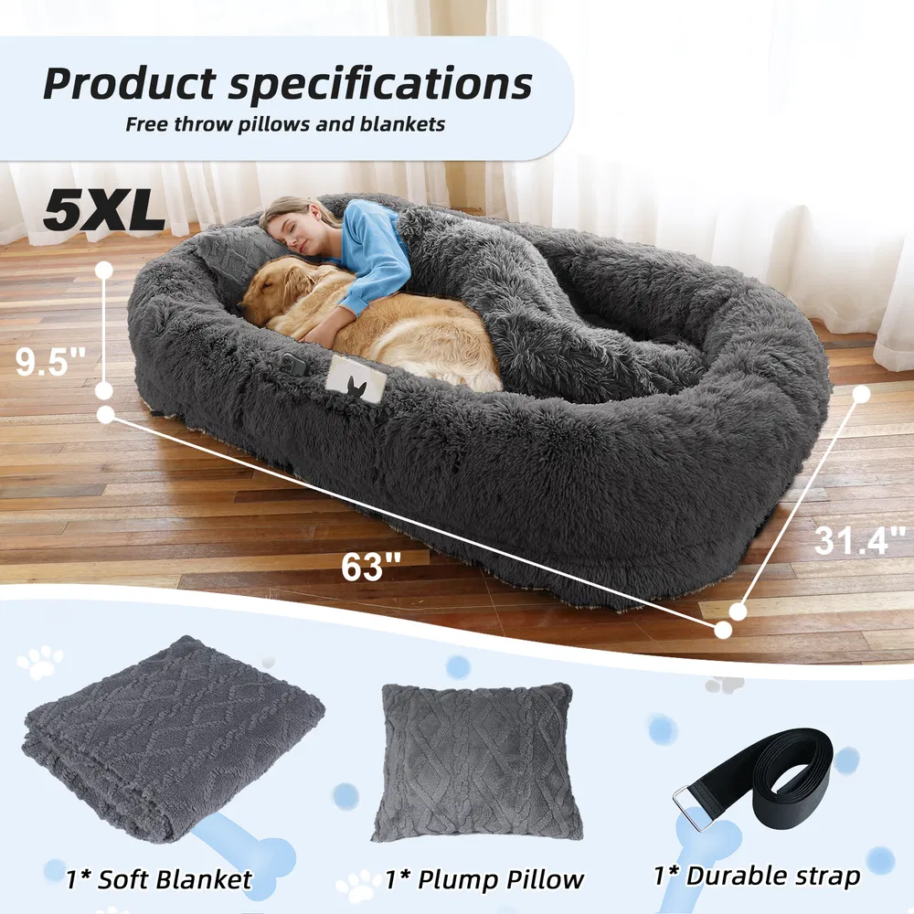 Cama para Perros y Personas Grande, Para Ti y Tu Mascota, Cama de Felpa Sintética Lavable para Dormir o Descansar, Soporte Óptimo para Canes, Almohada Pluma Presente, Manta, Correa — imagen 13
