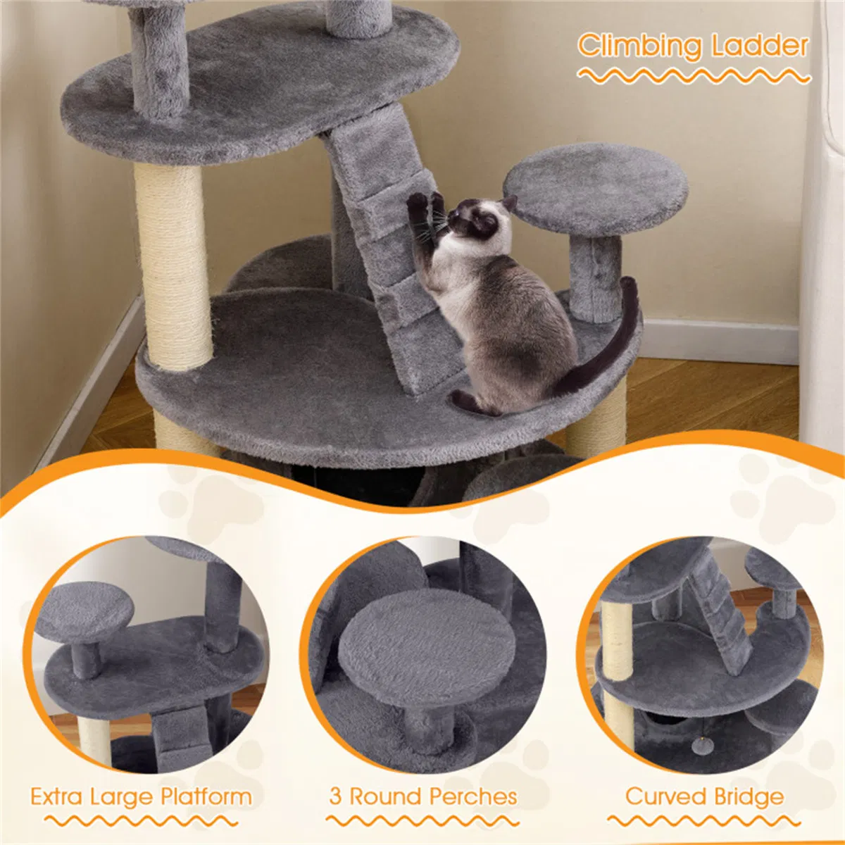 40" Multi-Level Cat Tree for Munchkin & Old Cats - Stable Wide Base, Soft Padded Perch + Large Condo (Gray) — image 6