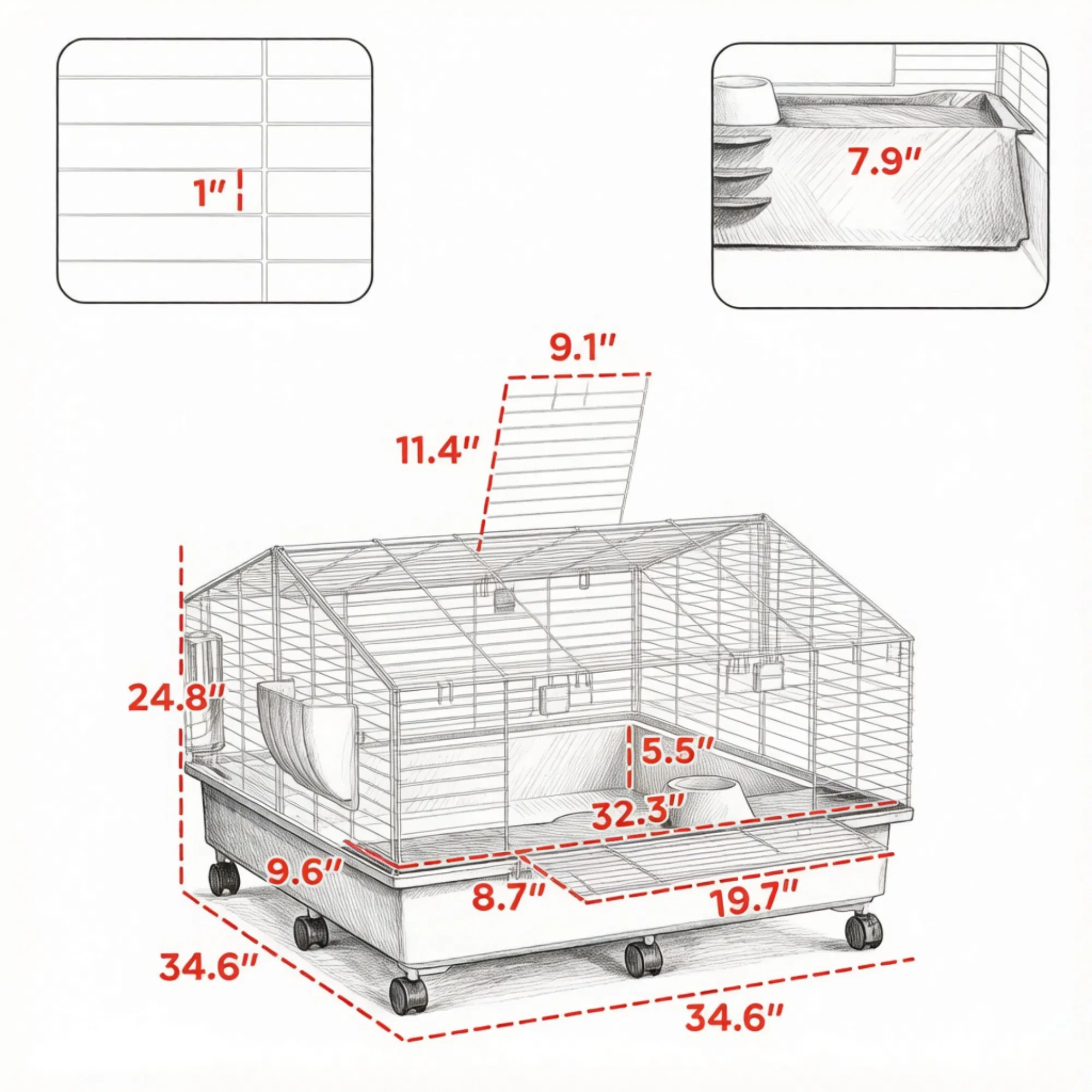 35"35"25" Rolling Small Animal Cage with Water Bottle Hay Feeder Food Dish for Rabbits Hedgehogs Guinea Pigs — image 4