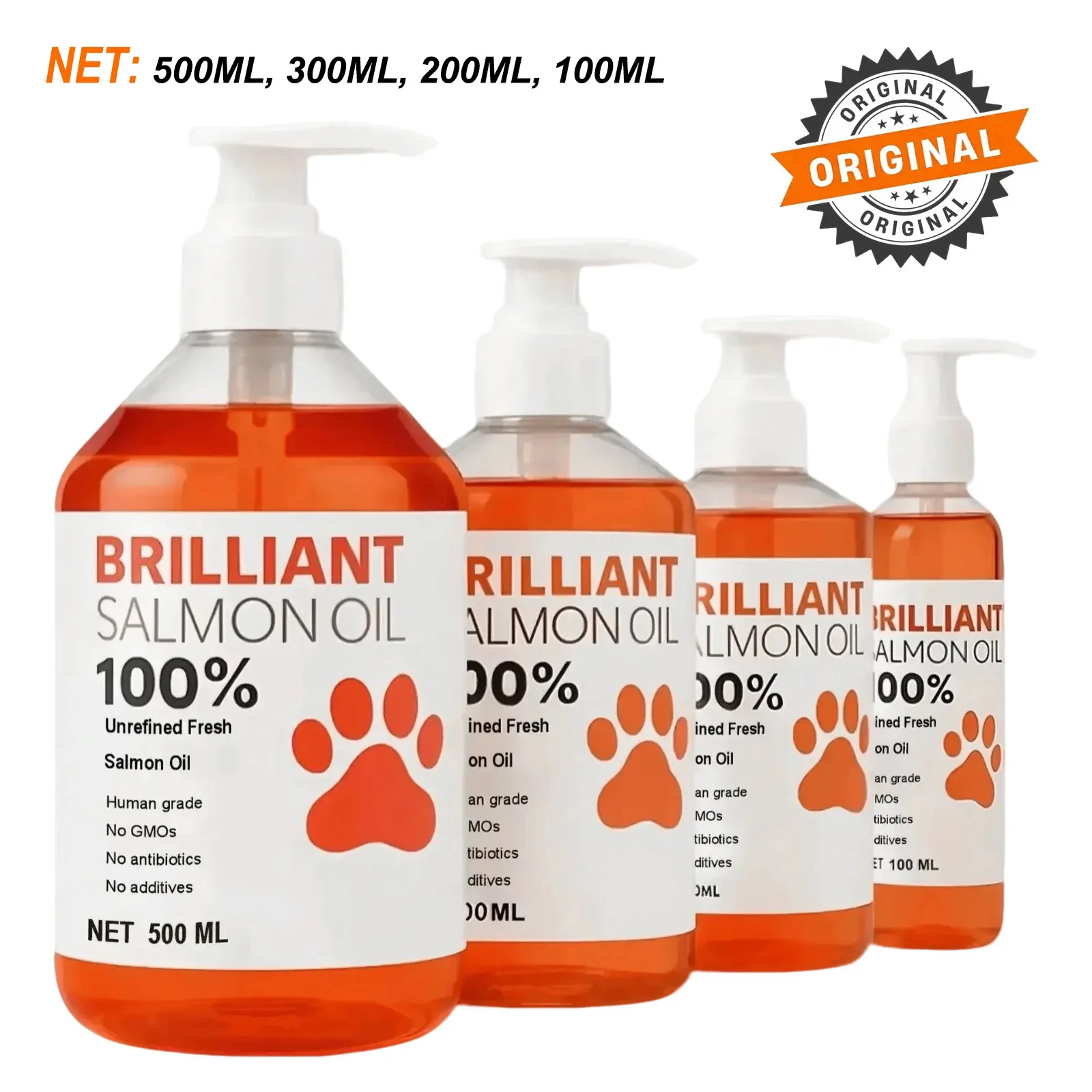 Aceite de Salmón de Grado Humano (500ml, 300ml, 200ml 100ml) para Perros y Gatos Suplemento con Ácidos Grasos Omega-3 para Salud Óptima y Nutrición
