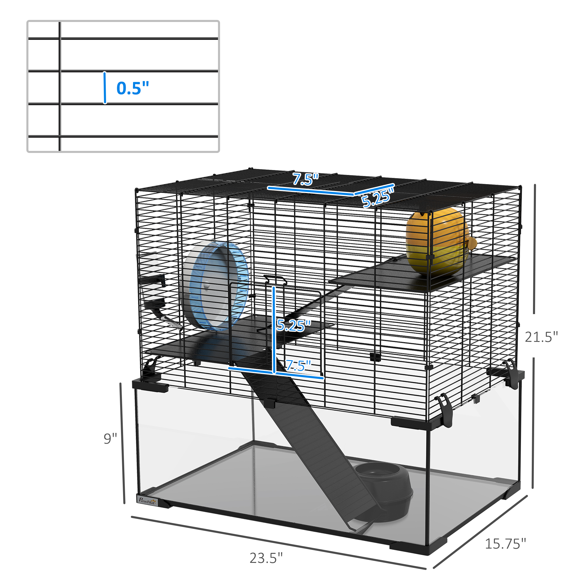 Caja para Hámsters de 23.5", Cárcel para Conejos con Fondo de Vidrio para Pequeños Hámsters, Negro — imagen 4