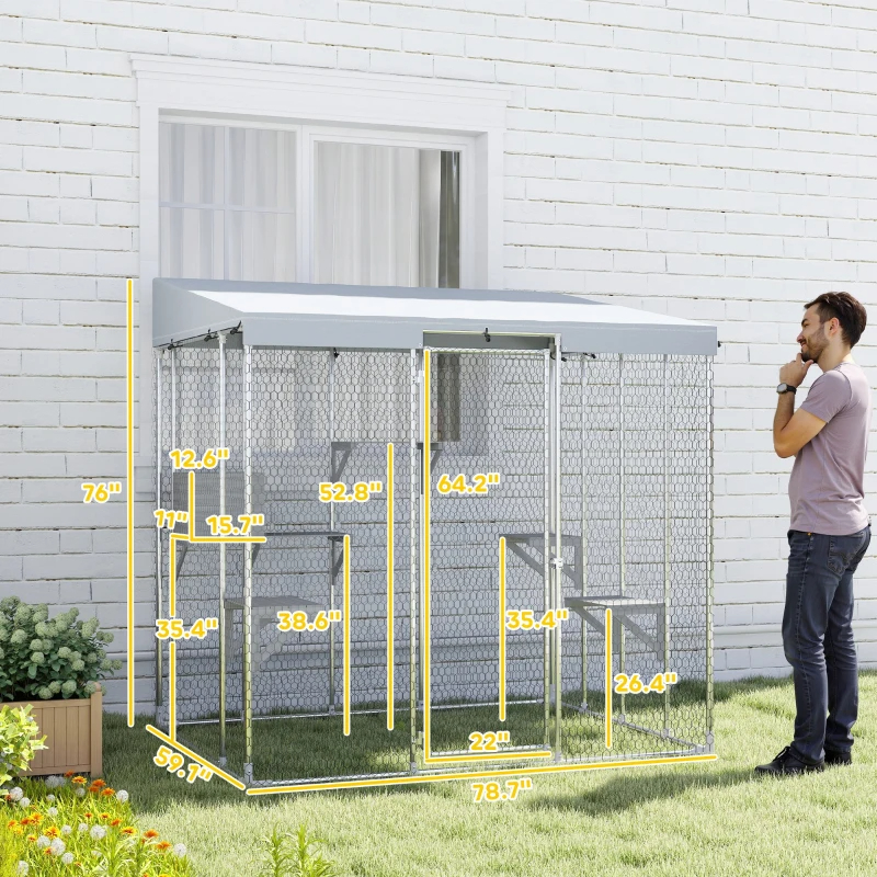 Galvanized Steel Large Catio With Waterproof Canopy, Sleeping Box, Jumping Platforms, For 1-3 Kittens, SilverMultiple Packages Shipped. Please Pay Attention To The Dimensions And Weight In The Details — image 1