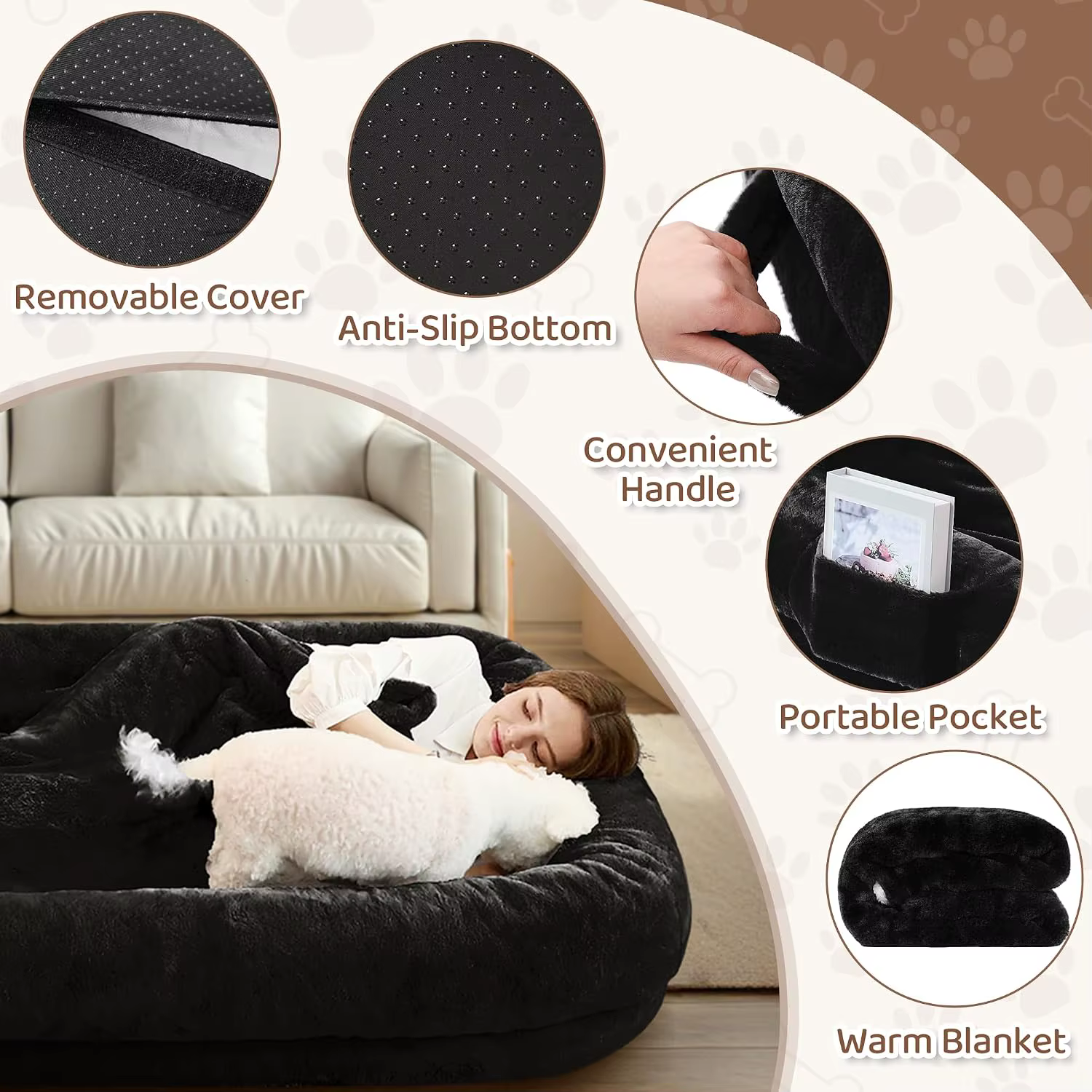 Human Dog Bed, 71"x43"x10", Black | Dog Bed for Humans with Smooth Short Plush, Removable Cover & Waterproof Liner, Ideal, Custom — image 3