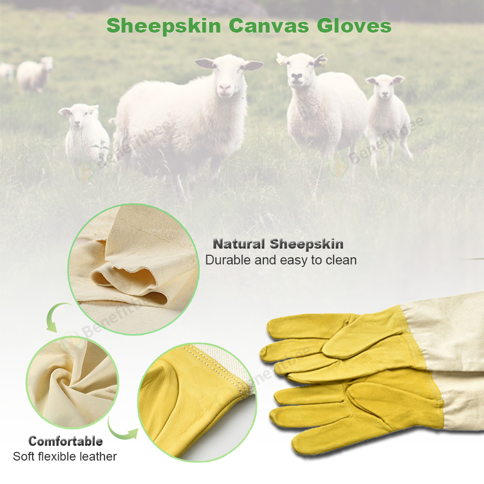 Benefitbee Bee Gloves Sheepskin Anti bee Apicultura Beekeeping Tools For Beekeeper Protective Glove Canvas Beekeeping Equipment — image 2