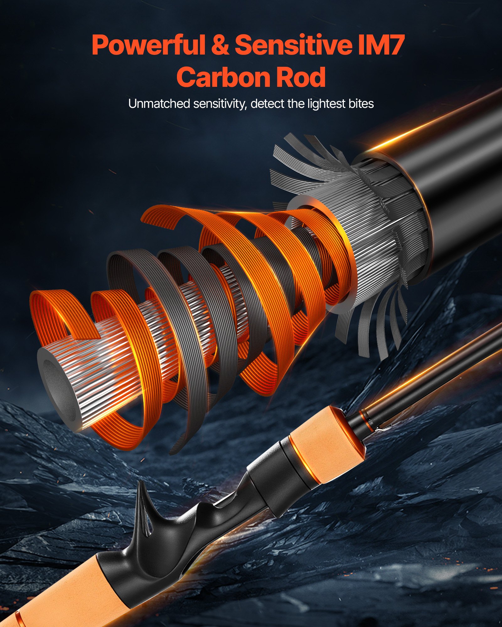 Combo de Caña y Reel de Pesca para Cazadores de Básico con Fibra de Carbono IM7, Sistema 6+1 BB, Proporción de Enganche 7.0:1, Manija de Cork, Guías de Acero Inoxidable con Anillos Cerámicos — imagen 4