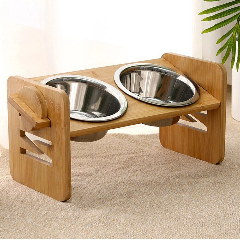 Elevated Dog Bowls with Stand Raised Dog Bowls 4 Heights Adjustable Dog Bowls Bamboo Dog Feeding Station 2 Stainless Steel Bowls — image 1