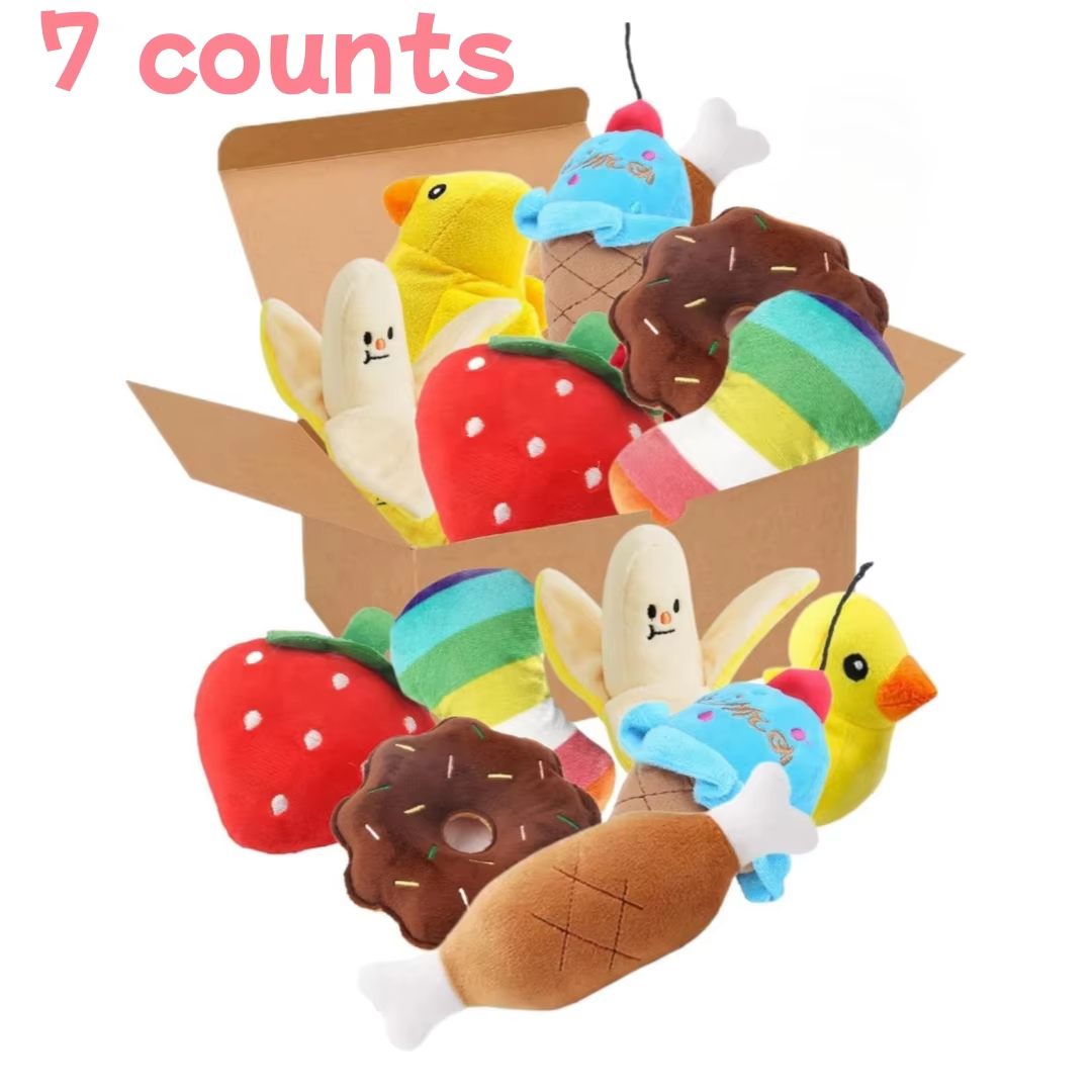 A 7-piece set of puppy sound toys, loose plush pet chewing, plush fruit snacks and vegetable puppy toys, suitable for cute playm — image 1
