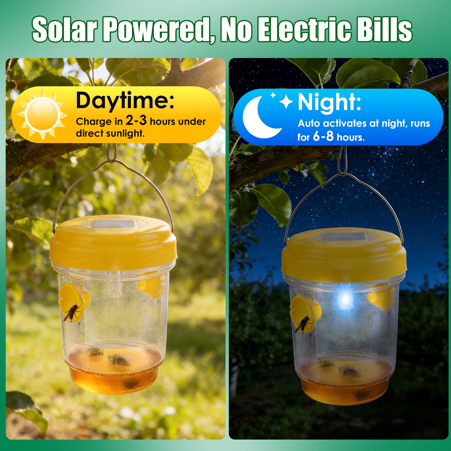 Trampas Solares para Avispas, Paquete de 3, Atrapainsectos Colgantes para Exterior con Luz UV, para Avispas de Papel, Avispas Amarillas, Avispones Pequeños, Moscas de la Fruta y Moscas Comunes — imagen 5