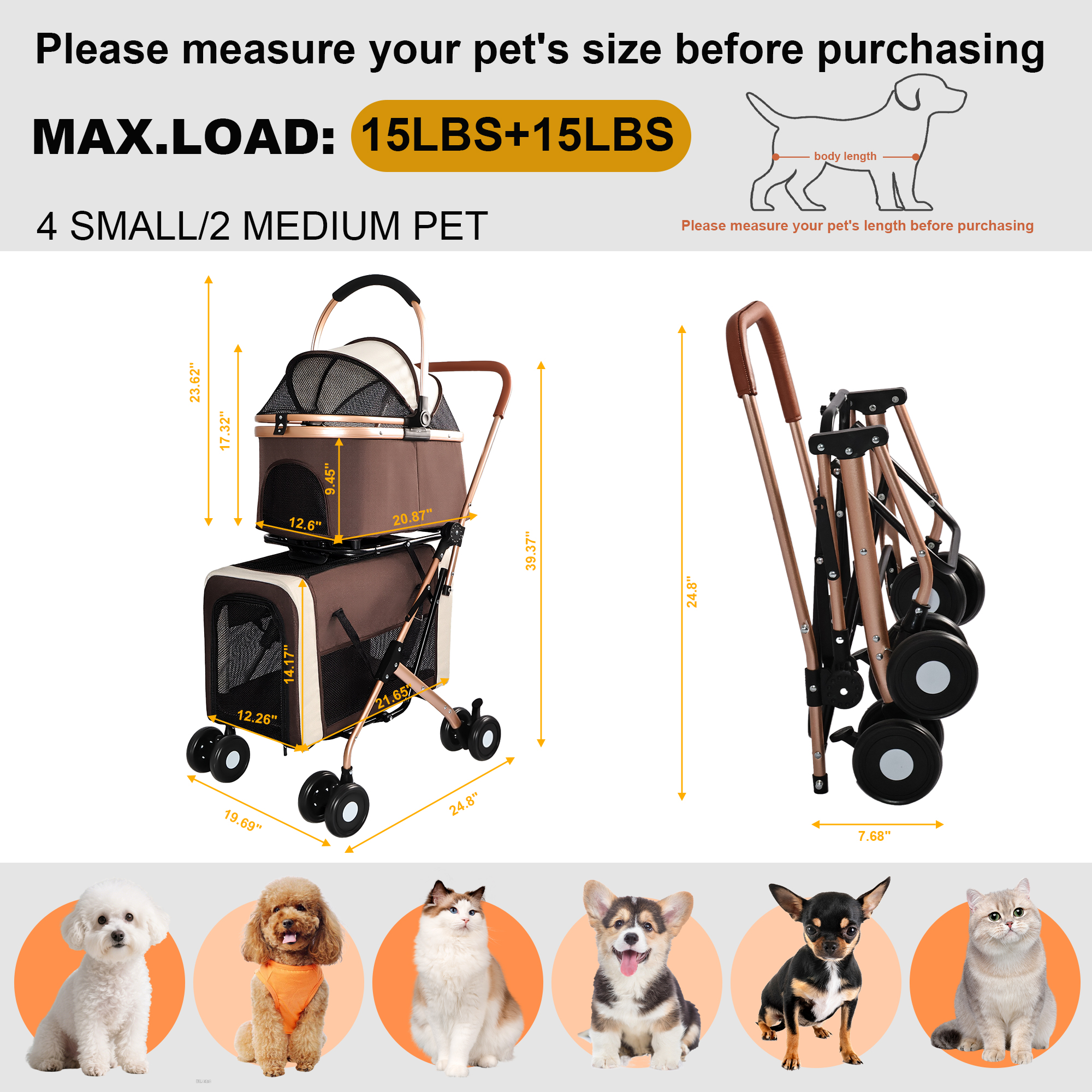Cochecito Doble para Mascotas 3 en 1 para Perros y Gatos Pequeños y Medianos, Marco Plegable Convertible en Bolso Transportador, Ruedas Antichoque con Sistema de Freno, Doble Correa de Seguridad Fija para Hogares con Varias Mascotas — imagen 13