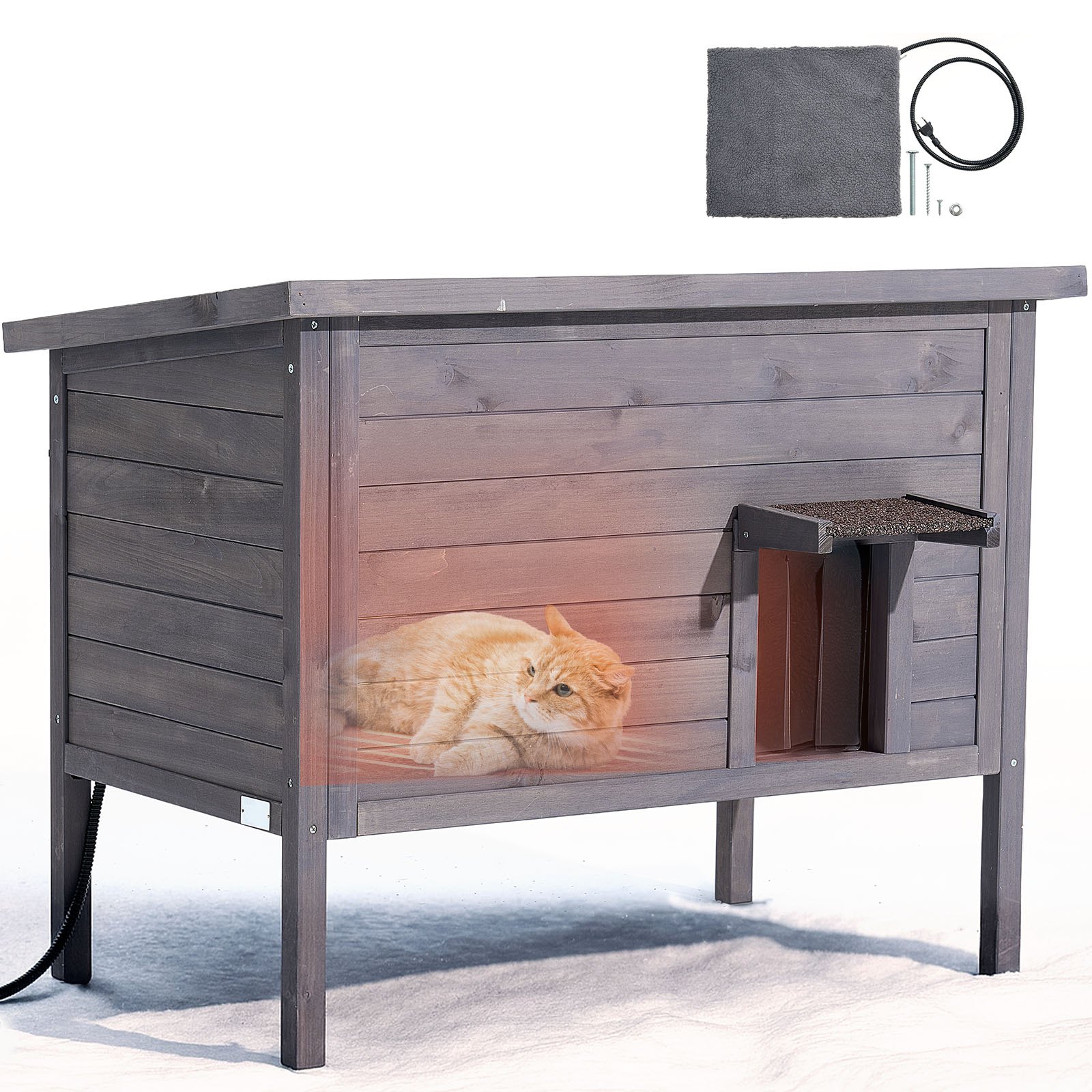 Casa Caliente para Gatos, Casa de Madera Aislada para Gatos Ferales al Aire Libre con Plancha de Calentamiento y Puerta de PVC — imagen 1