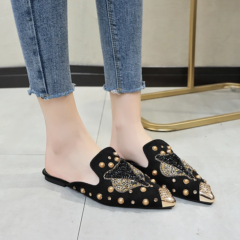 Women Shoe Fashion String-bead Pointed Rhinestone Rivet Flat Women Slippers Slip-On Mules Loafer Sandals Slides Ladies Shoes — image 2