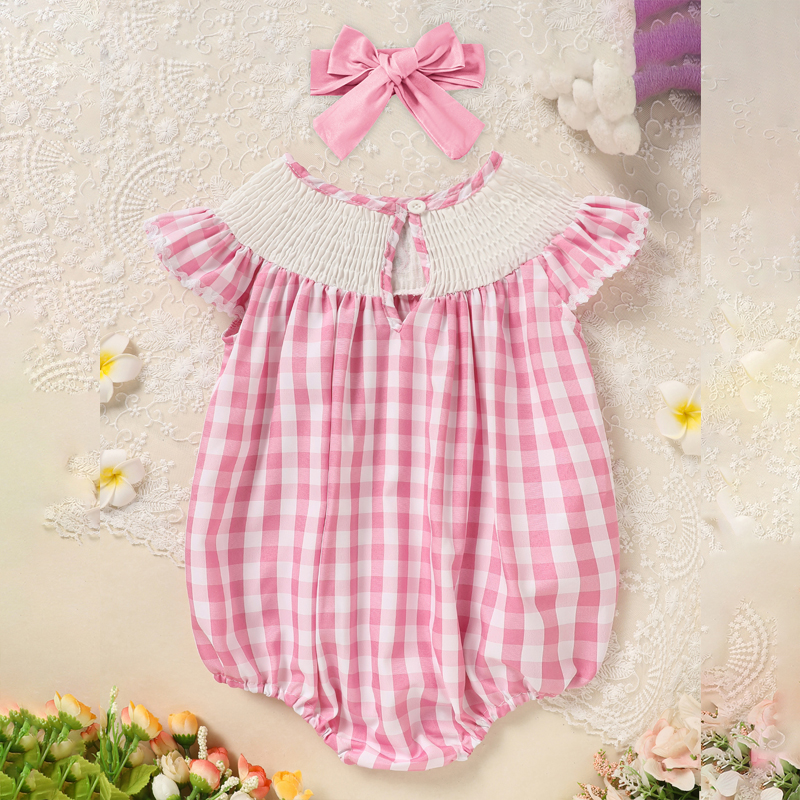 Conjunto Tierno de Mameluco de Conejito para Niña, Traje con Manga Capa y Bordado de Conejito, Incluye Diadema - Peto de Cuadros Rosa — imagen 5
