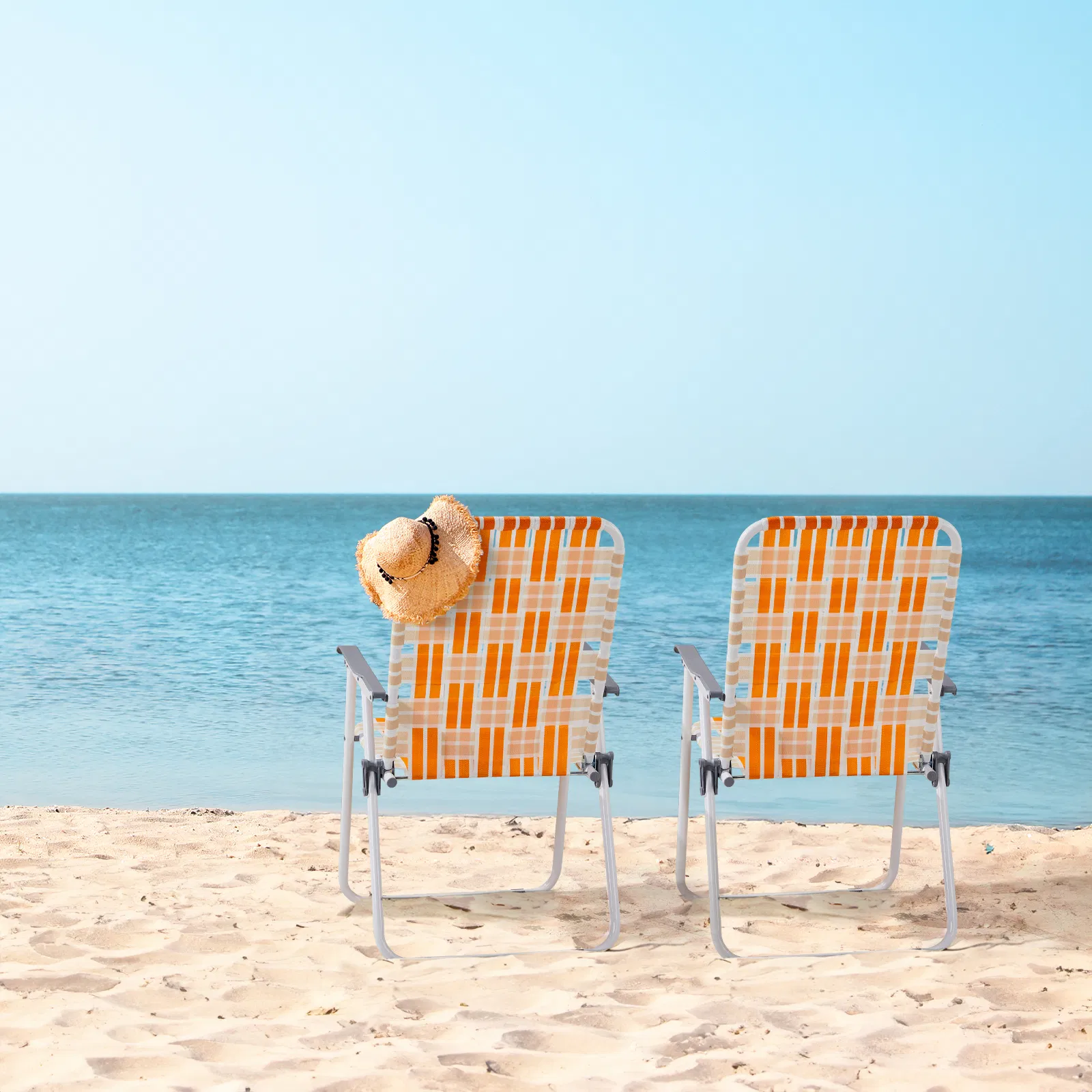 Set of 2 Webbed Folding Beach Chairs, Outdoor Patio Lawn Foldable Chairs for Camping Fishing Yard Poolside BBQ, Orange & White — image 4