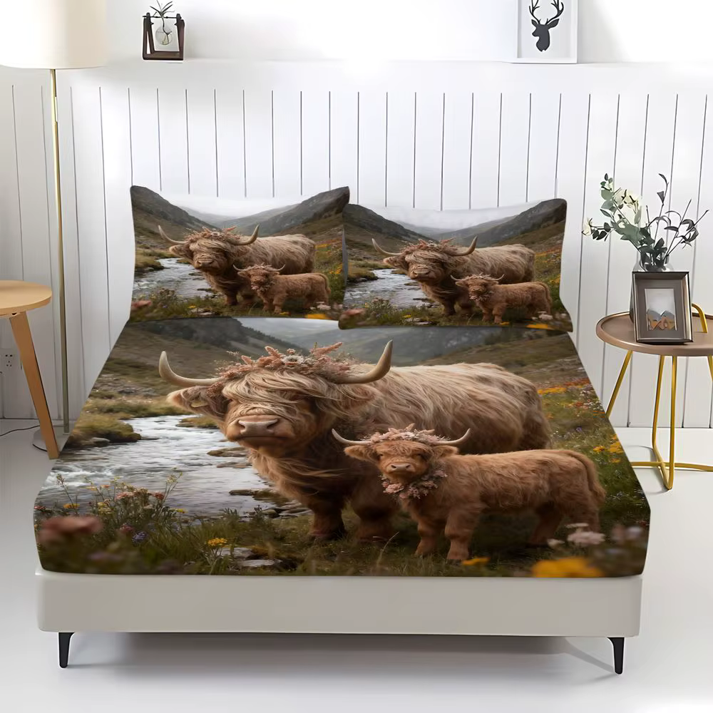 Juego de cama floral de vaca Highland de 3 piezas (1 sábana ajustable + 2 fundas de almohada), juego de sábanas suaves, decoración de dormitorio estilo granja — imagen 2