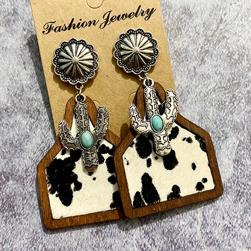 Vintage Western Earrings Bohemian Genuine Leather Cowhide Horse Hair Cow Brand Fashion Panel Earrings — image 7