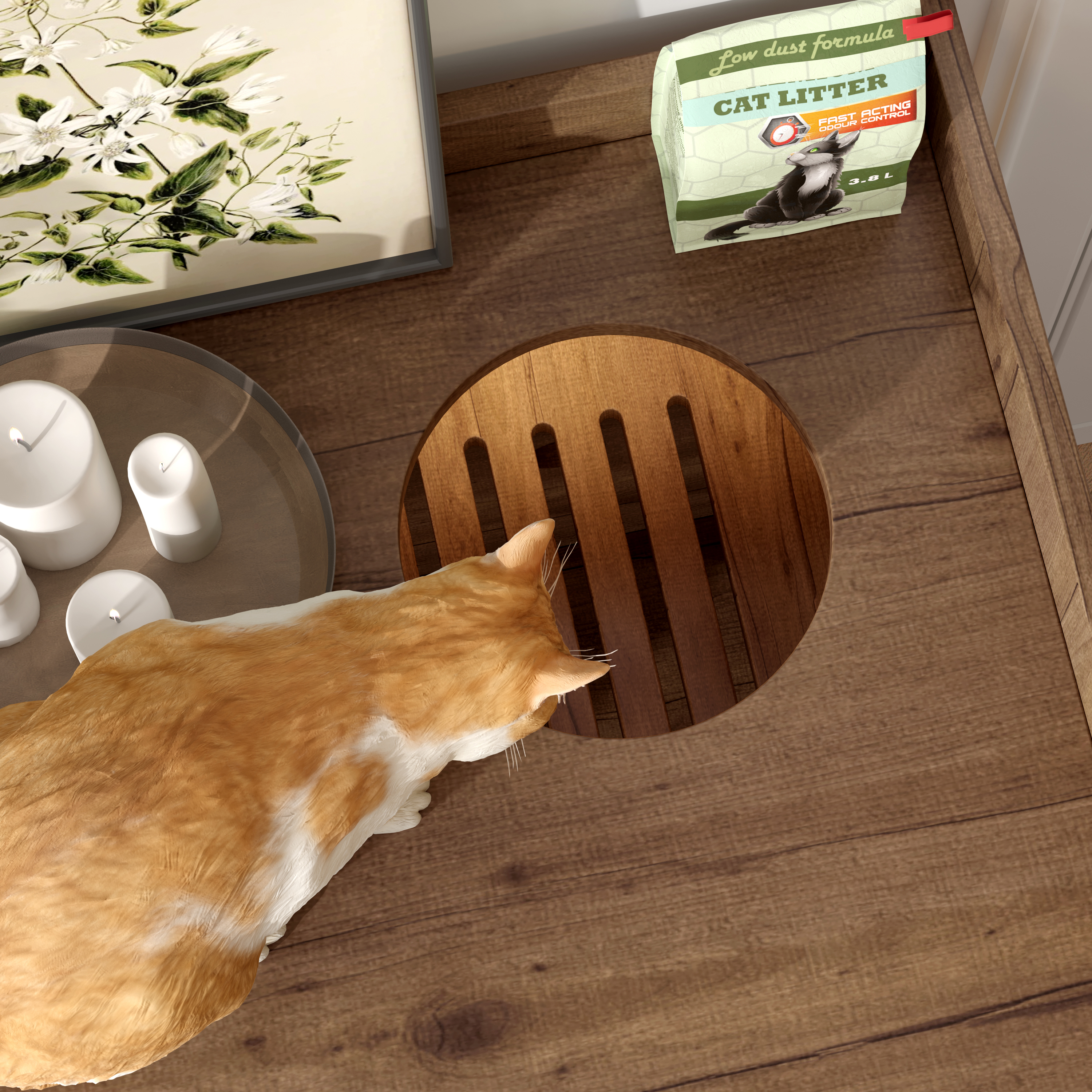 Caja de Limpieza para Gatos Oculta con Escalera y Caja de Muebles, Casa para Gatos con Rincón para Baño en Habitación, Mesa lateral para Salón, Marrón y Blanco — imagen 5
