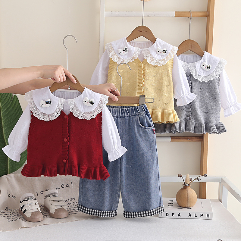 Stylish Cartoon Cat Collar Girls 3-Piece Autumn Spring Outfit — image 3