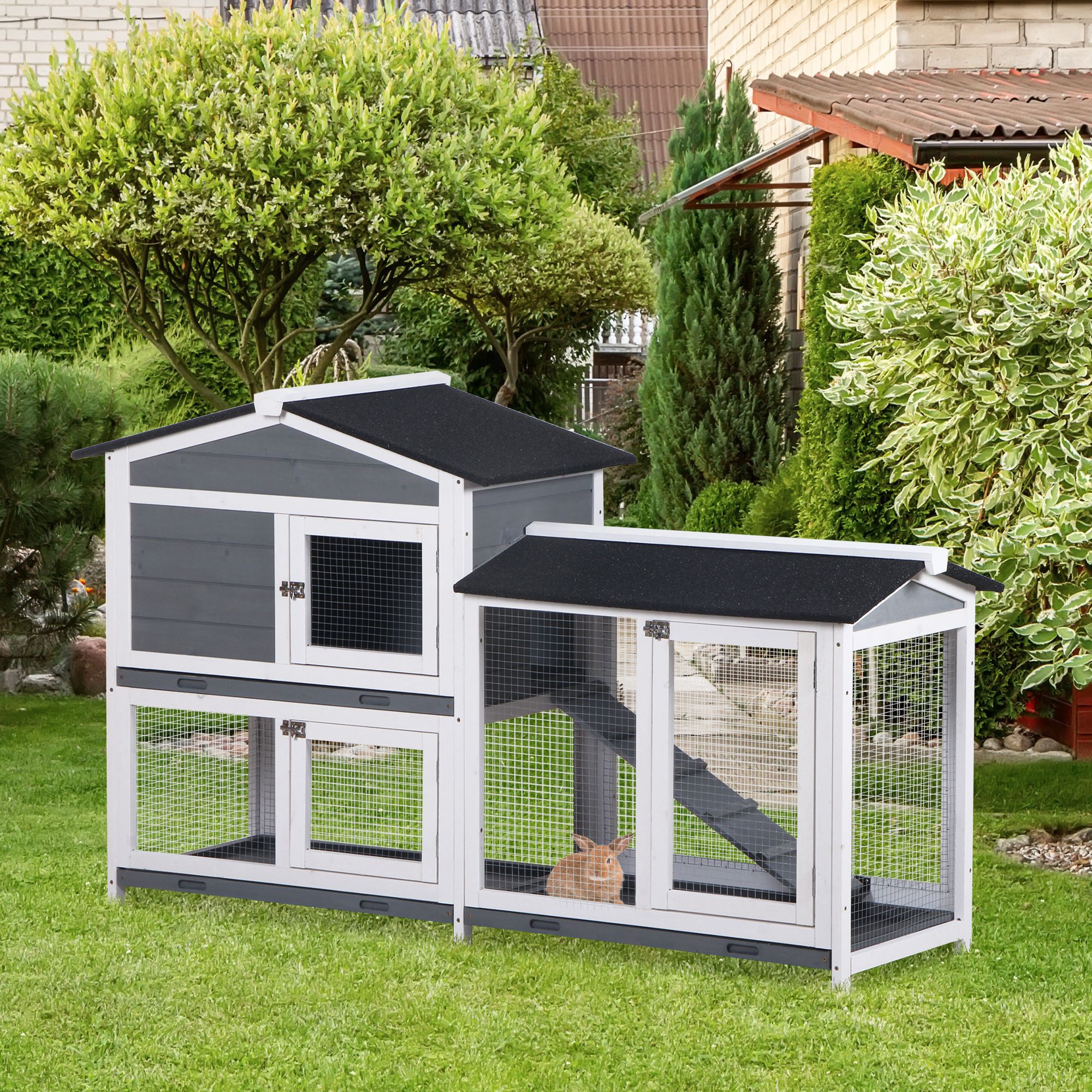 Recinto Interior para Conejos de 2 Niveles, Conejera de Madera para Patio Trasero, Casa para Animales Pequeños con Rampa, Corral Exterior Cerrado — imagen 2