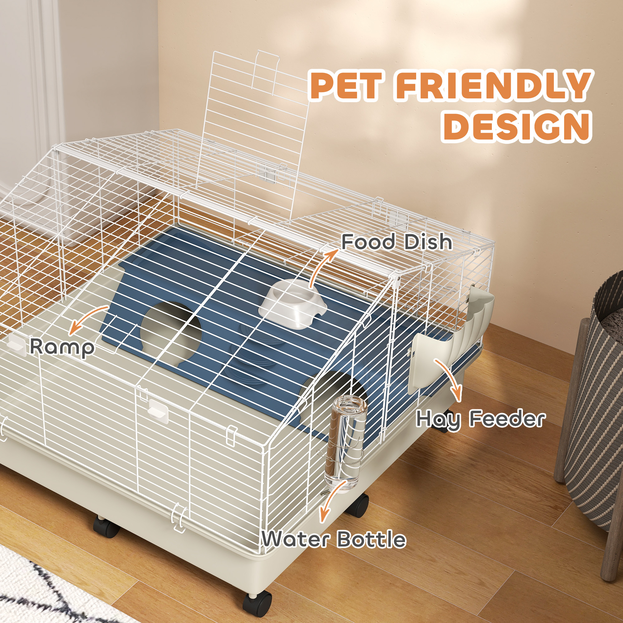 Caja Rodante para Pequeños Animales con Botella de Agua, Alimentador de Heno y Tazón para Conejos, Erizos y Caviares, 35" x 35" x 25" — imagen 3