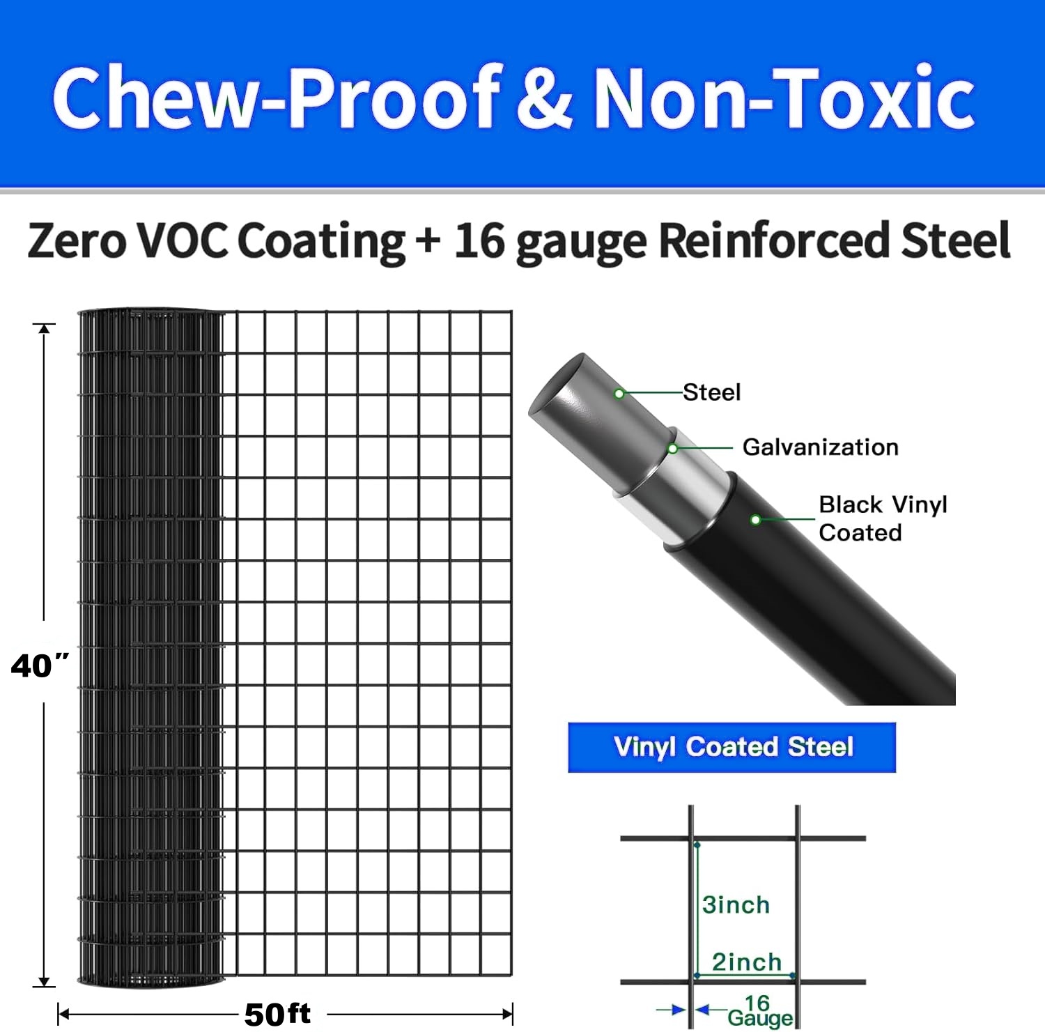 40 INCH X 50 FT Black Vinyl-coated Metal Mesh, 16 Gauge 2 3 Inch Black PVC Metal Mesh, Black Welded Wire Mesh Support, Poultry Cage Protective Fence — imagen 4