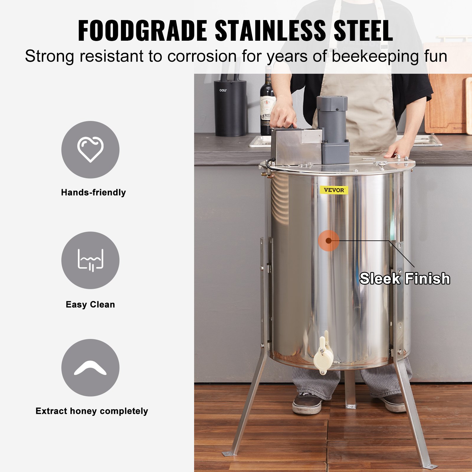 VEVOR Electric Honey Extractor, Frames Honey Spinner Extractor, Stainless Steel Beekeeping Extraction, Apiary Centrifuge Equipment With Height Adjustable Stand, Honeycomb Drum Spinner With Lid — image 4