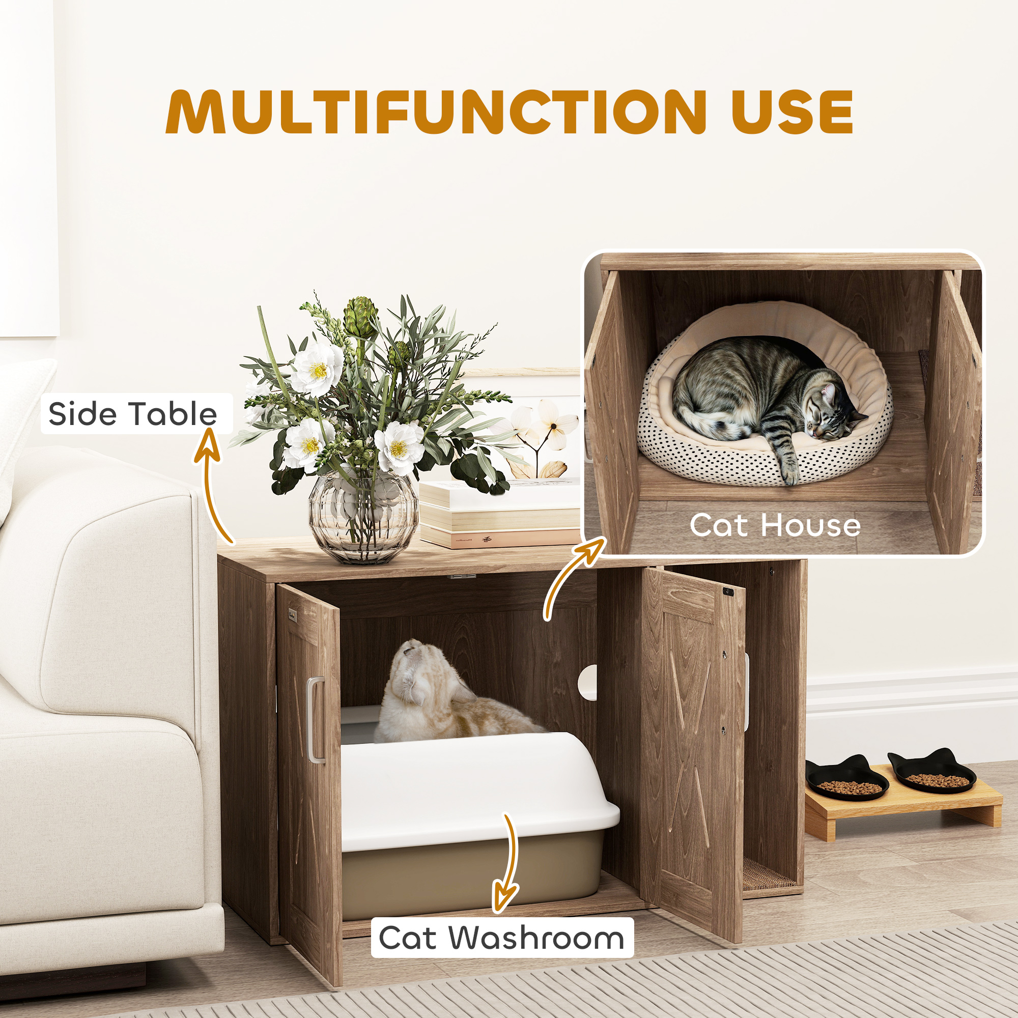 Caja de Arena para Gatos con Tablero de Rasguñado, Mesa Lateral y Baño para Mascotas, 81 cm x 48 cm x 51 cm, Madera Marrón Claro — imagen 2