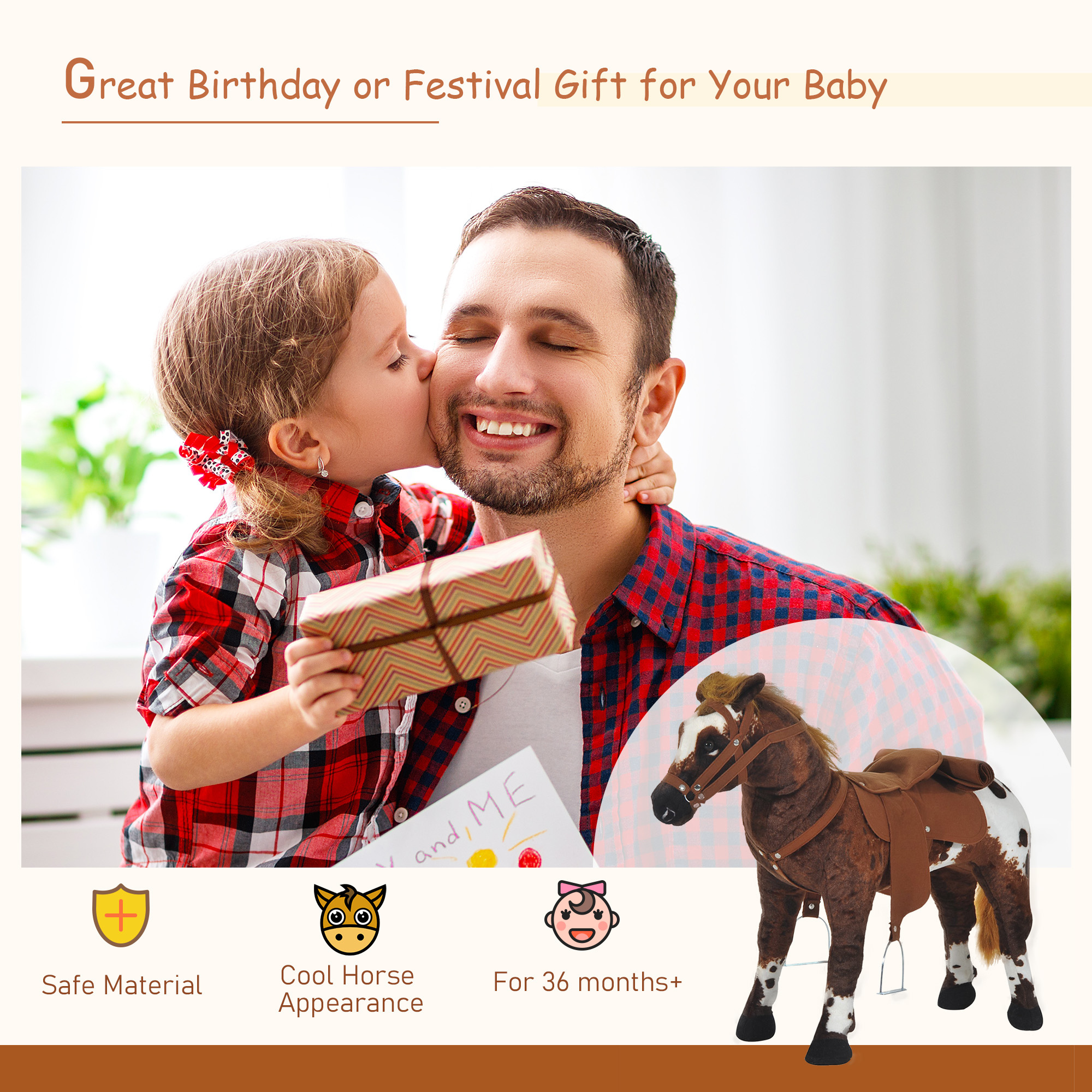 Sound-Making Ride On Horse for Toddlers 3-5, with Neighing and Galloping Sound, Stuffed Animal Horse Toy for Kids with Padding, Soft Feel, Brown — image 8