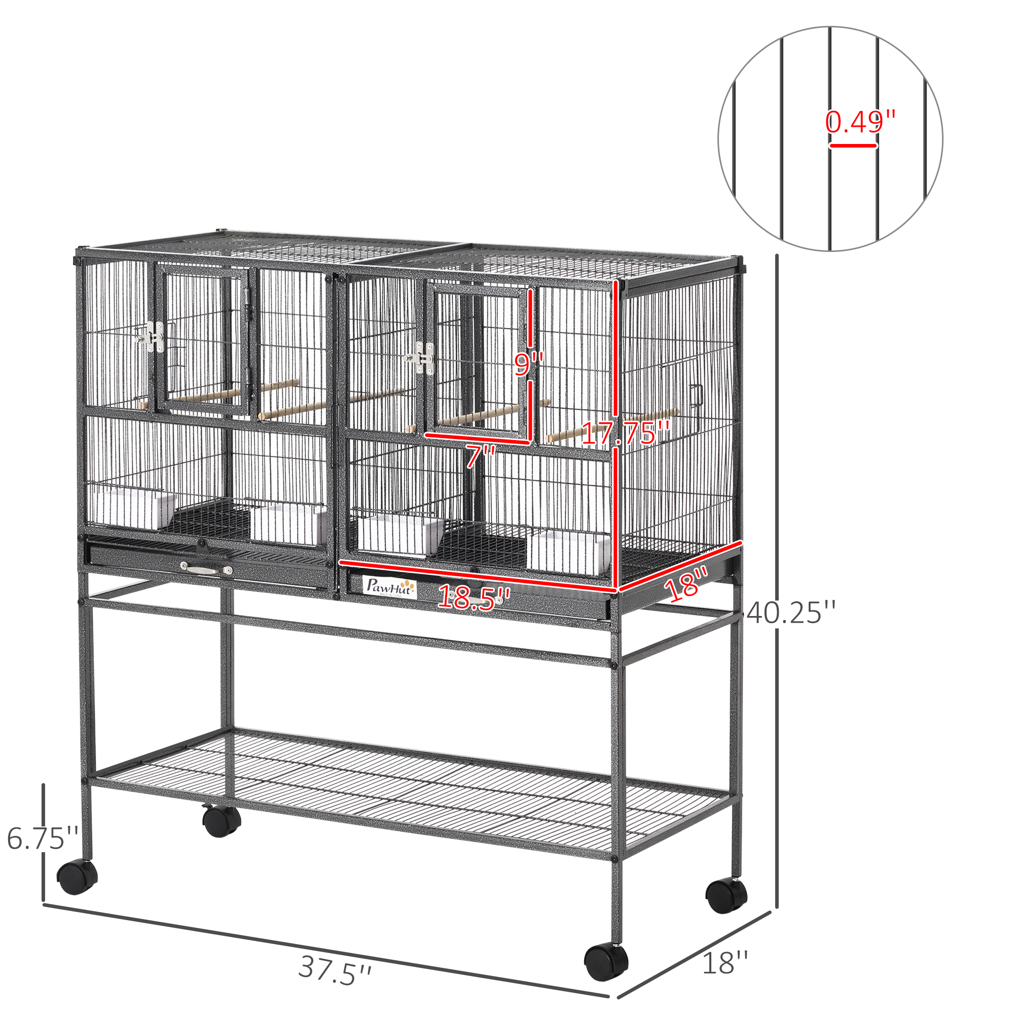 Caja de Reproducción Dividida para Aves con Soporte Rodante, bandeja metálica removible, estante de almacenamiento, percha de madera y contenedor de comida — imagen 4