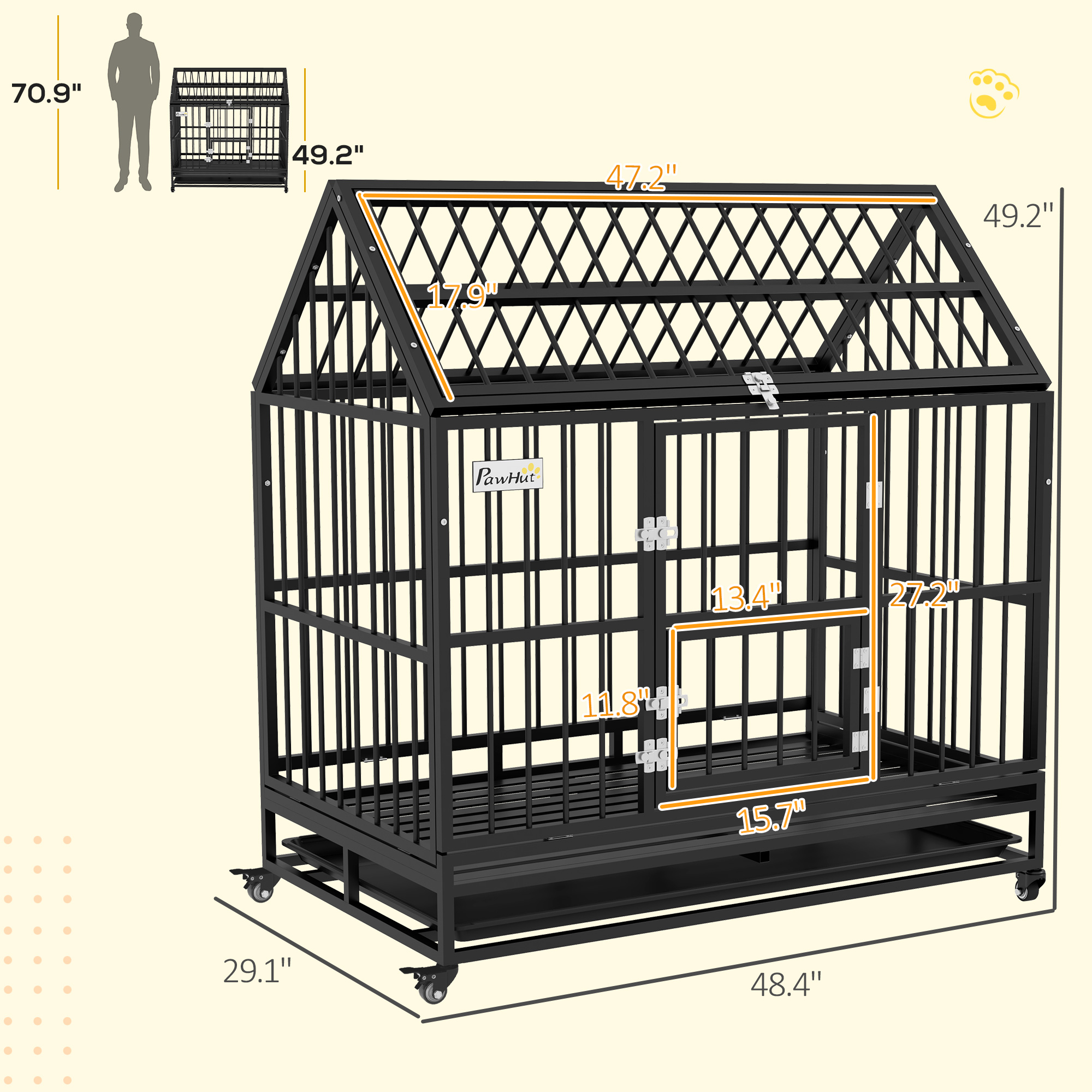 48" Heavy Duty Dog Crate with 4 Lockable Wheels, Double Doors, and Removable Tray, for XL and L Dogs — imagen 8