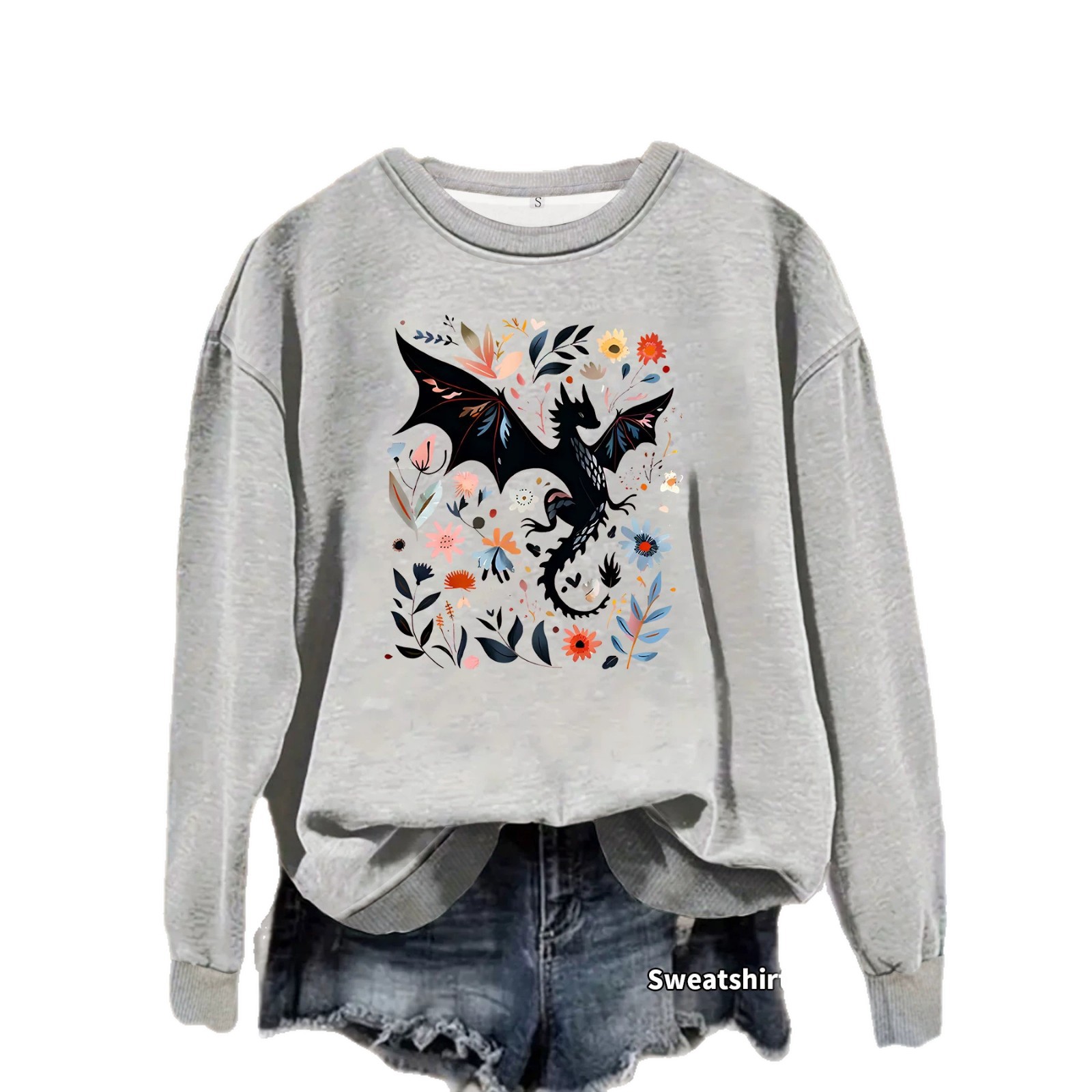 Dragon pattern and floral print round neck fleece hoodie — image 1