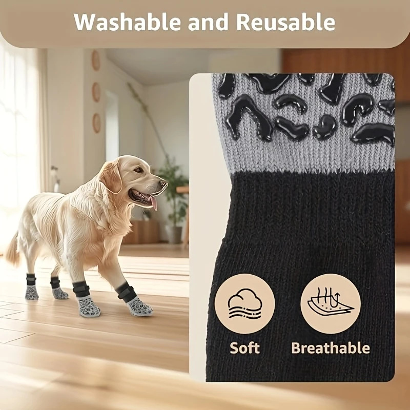 Non-slip Bottom Cotton Socks for Large Dogs, Quiet Pet Socks with Black Leopard Print, Dog Shoes for — image 3