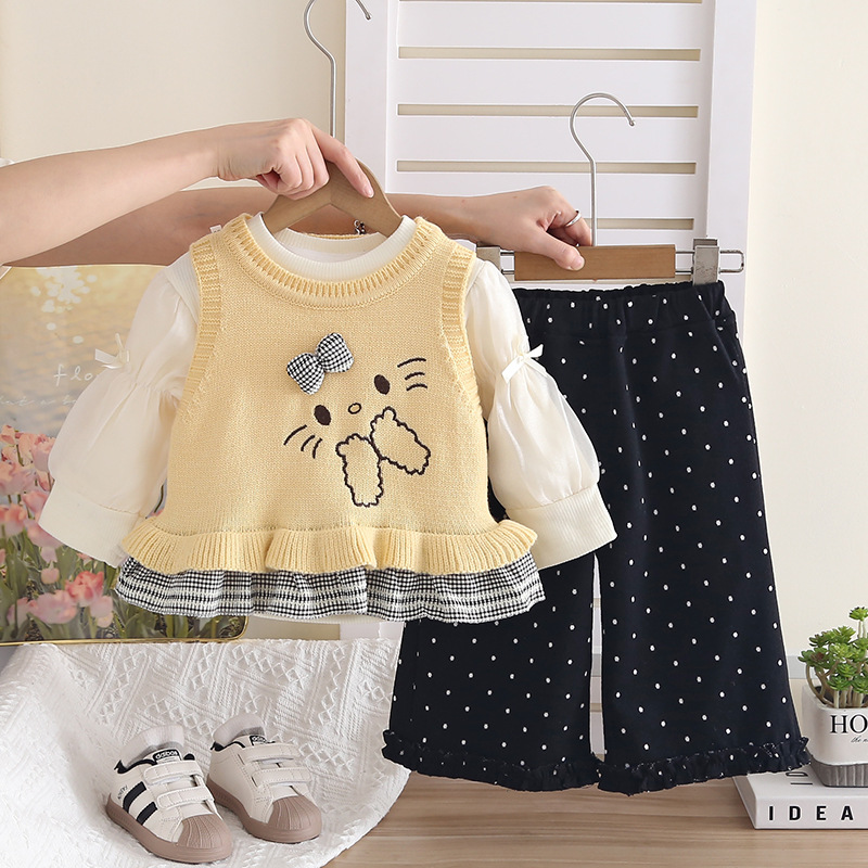 Girls Polka Dot Rabbit Sweater Three-Piece Autumn Spring Fashionable Outfit Set — image 2