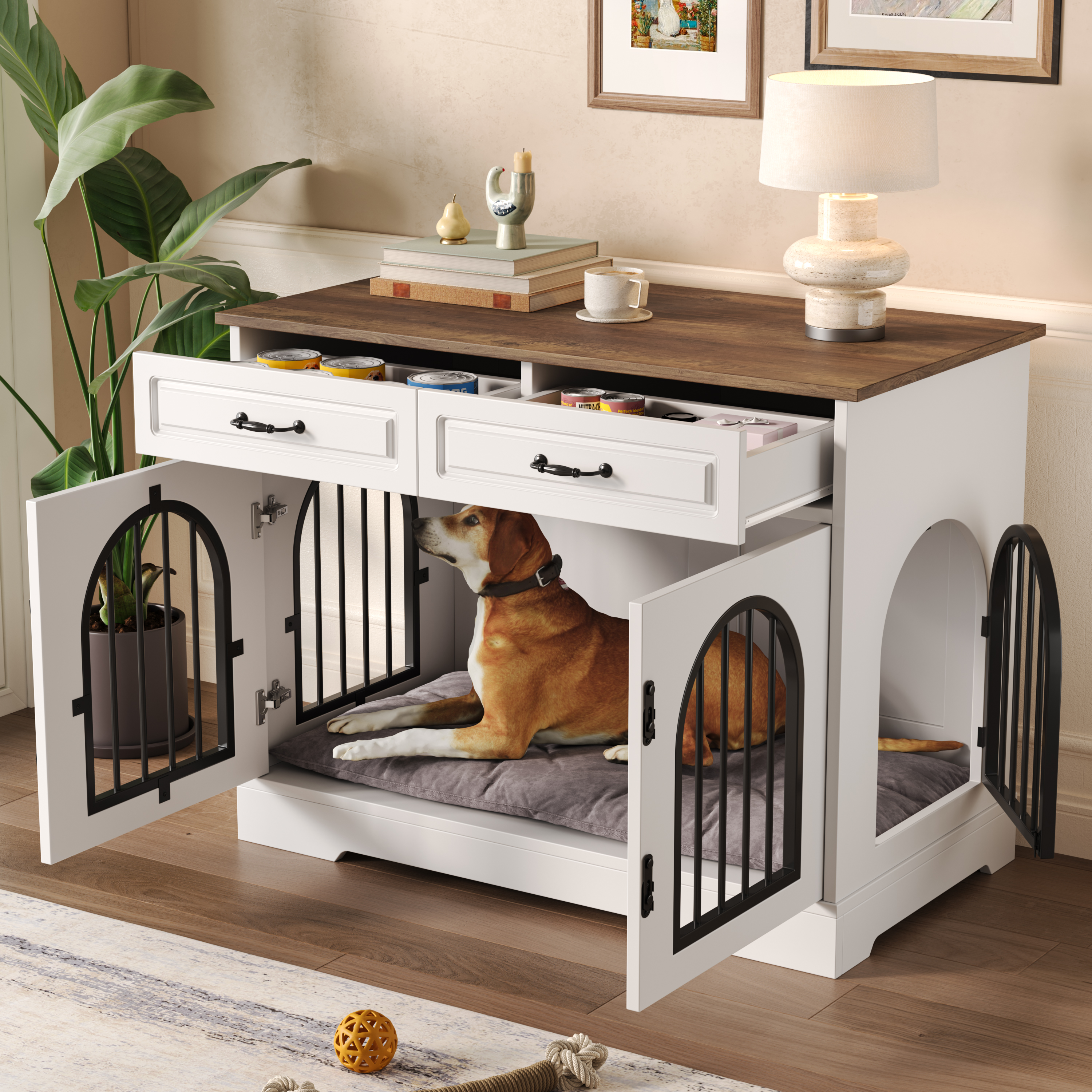 Jaula-Mueble para Perro de 43.3", Caseta Interior Resistente para Perro con 2 Gavetas de Almacenamiento, Jaula para Perro con Puertas Laterales Para Perros Medianos y Grandes, Mesa Auxiliar-Jaula, Blanco y Marrón — imagen 3