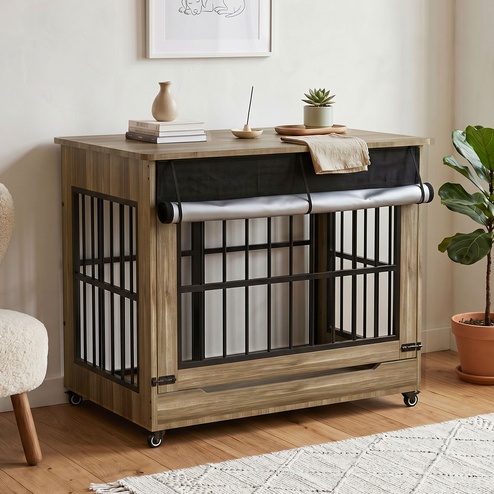 Large Dog Crate Furniture, Double Door Wooden Indoor Dog Kennel Furniture, Decorative Pet Cage End Table With Wheels For Extra Large Breed Dogs, Size 2XL, Greige — image 18