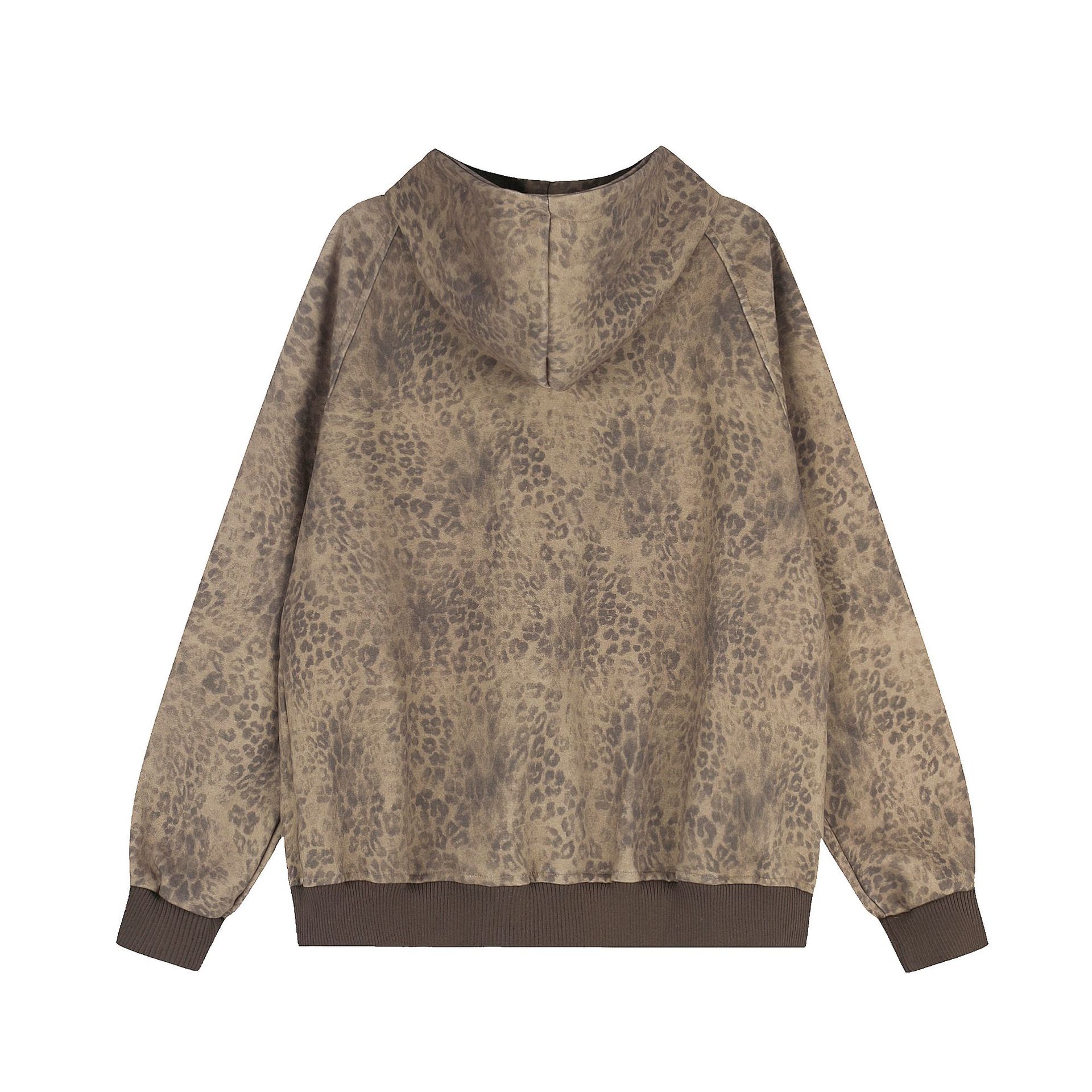 Maillard Leopard Print Hooded Zip-Up Sweatshirt, Loose Fit Top with Three Stripes Letter Embroidery — image 3