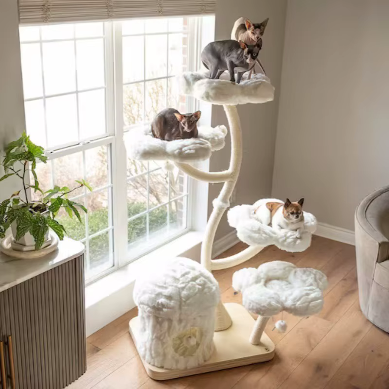 Árbol de gato moderno de madera con diseño floral, torre multi-plataforma y refugio acogedor, estructura de escalada lujosa para mascotas, poste de rascado — imagen 5