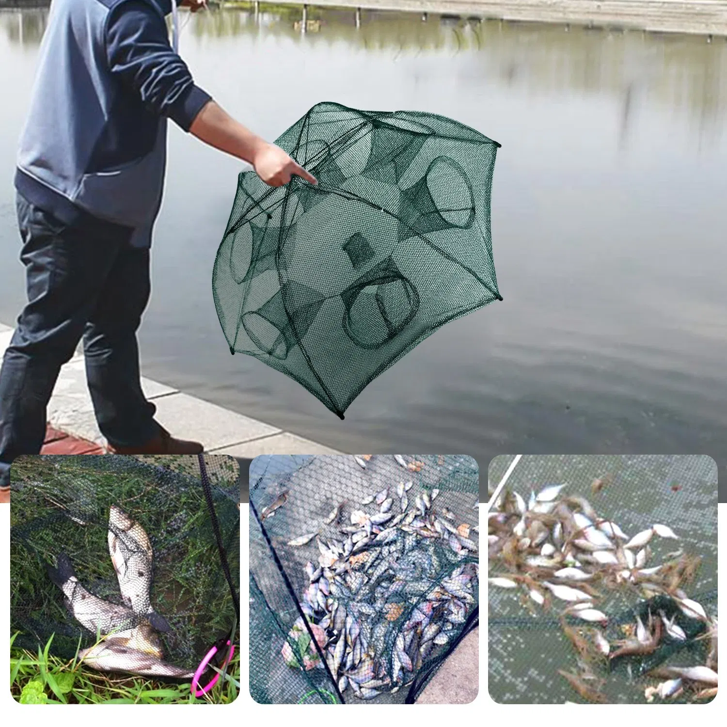 Fishing Trap Net Portable Folded Fishing Bait Trap Shrimp Minnow Crab Bait Net 6 Sides 6 Holes Crayfish Cast Mesh Trap Automatic — imagen 9