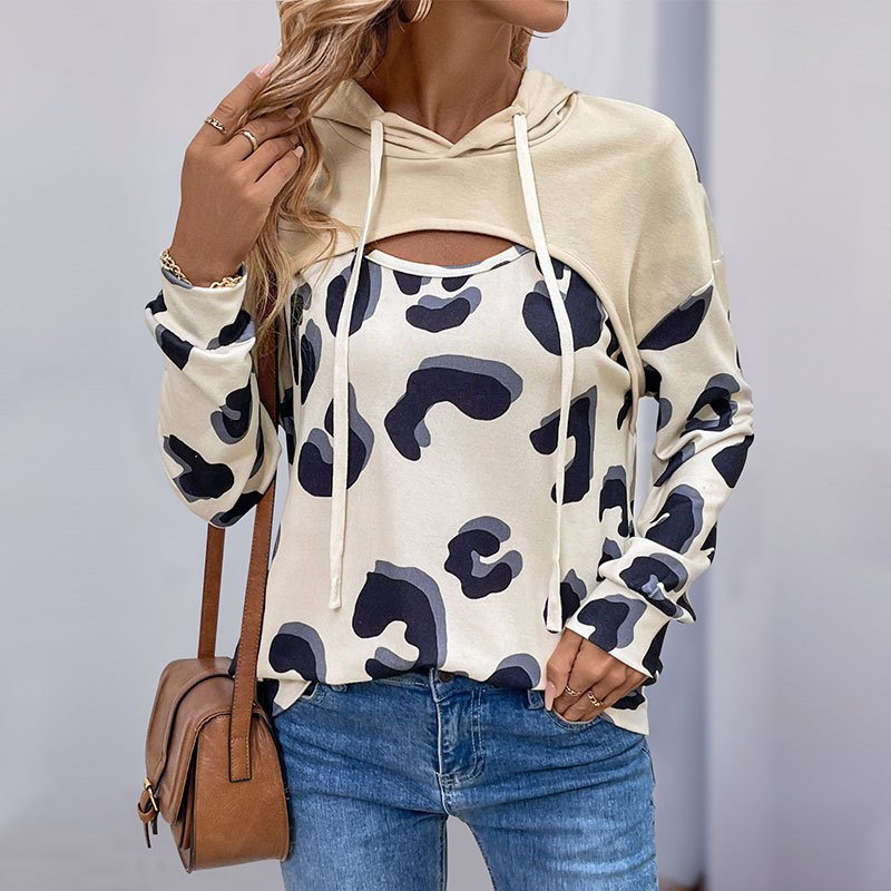 Leopard Print Spliced Hollow Out Faux Two-Piece Hooded Sweatshirt for Women — image 3