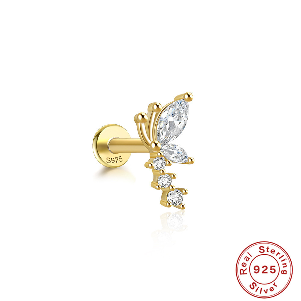 Pendientes de plata esterlina S925 con insignia de viento triple cielo, adorno de mariposa super hada, perforación interna, hilo interno, cabeza plana — imagen 6