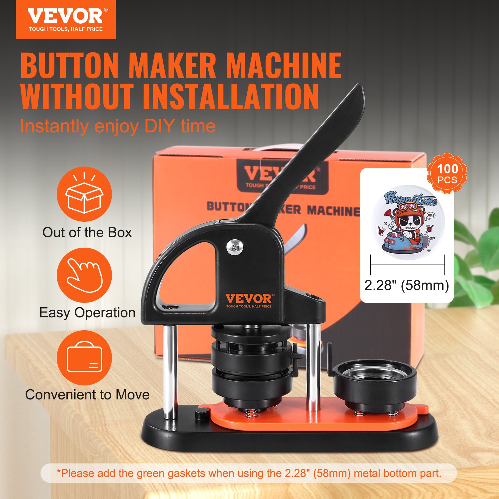 Máquina para hacer botones VEVOR, 2,28 pulgadas 58 mm con 100 piezas de partes de botón, mango ergonómico en forma de arco, kit de prensa de botones con Panda Magic Book, para manualidades infantiles regalos y Navidad — imagen 1