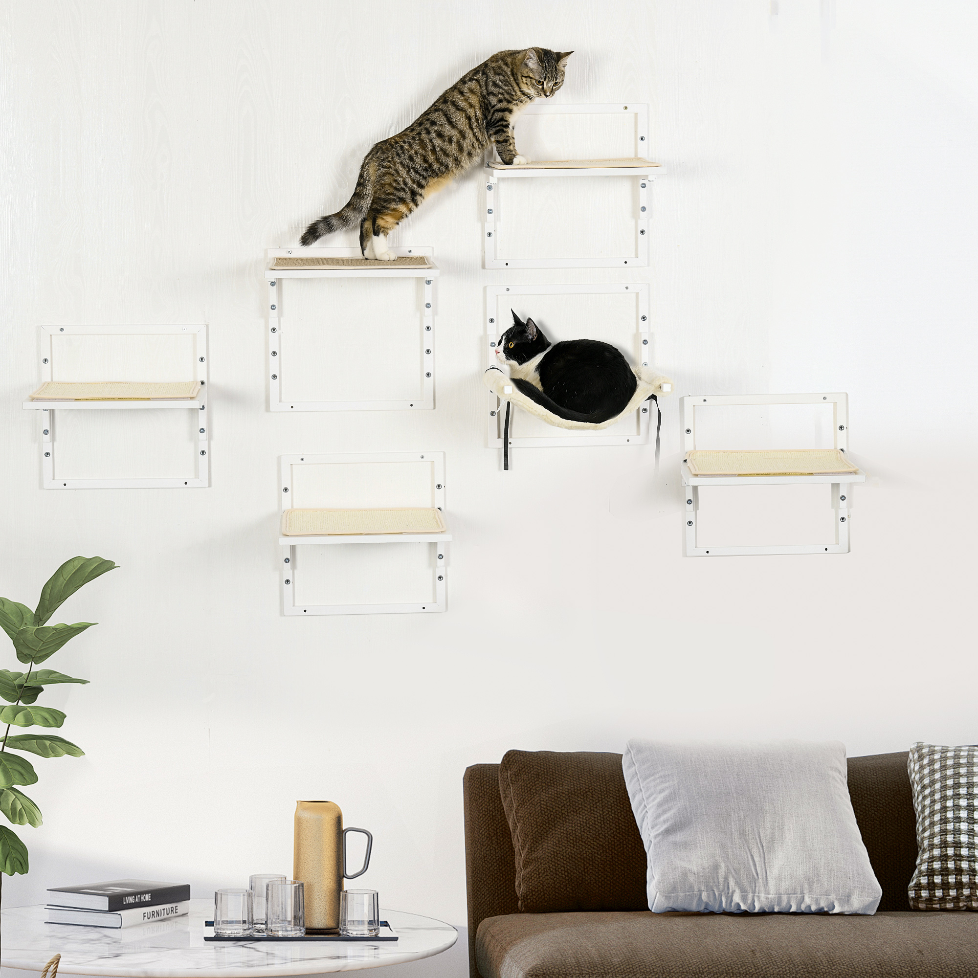 Plataformas para Gatos en Pared, 6 Unidades Decoración Moderna para Gatos Domésticos con Plataformas Ajustables y Hammock de Color Crema Blanco