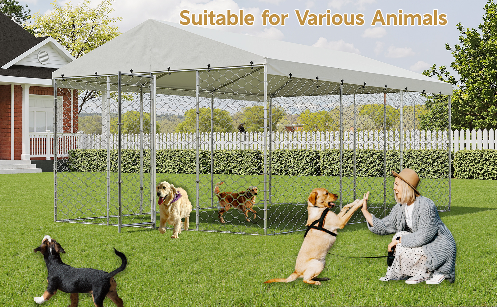 Casa de Perro Exterior Grande con Techo, Estructura de Acero Galvanizado Resistente, Cubierta Impermeable, Protección para Todo Clima, Jaula Segura para Perros Grandes, Multiple Animales — imagen 7