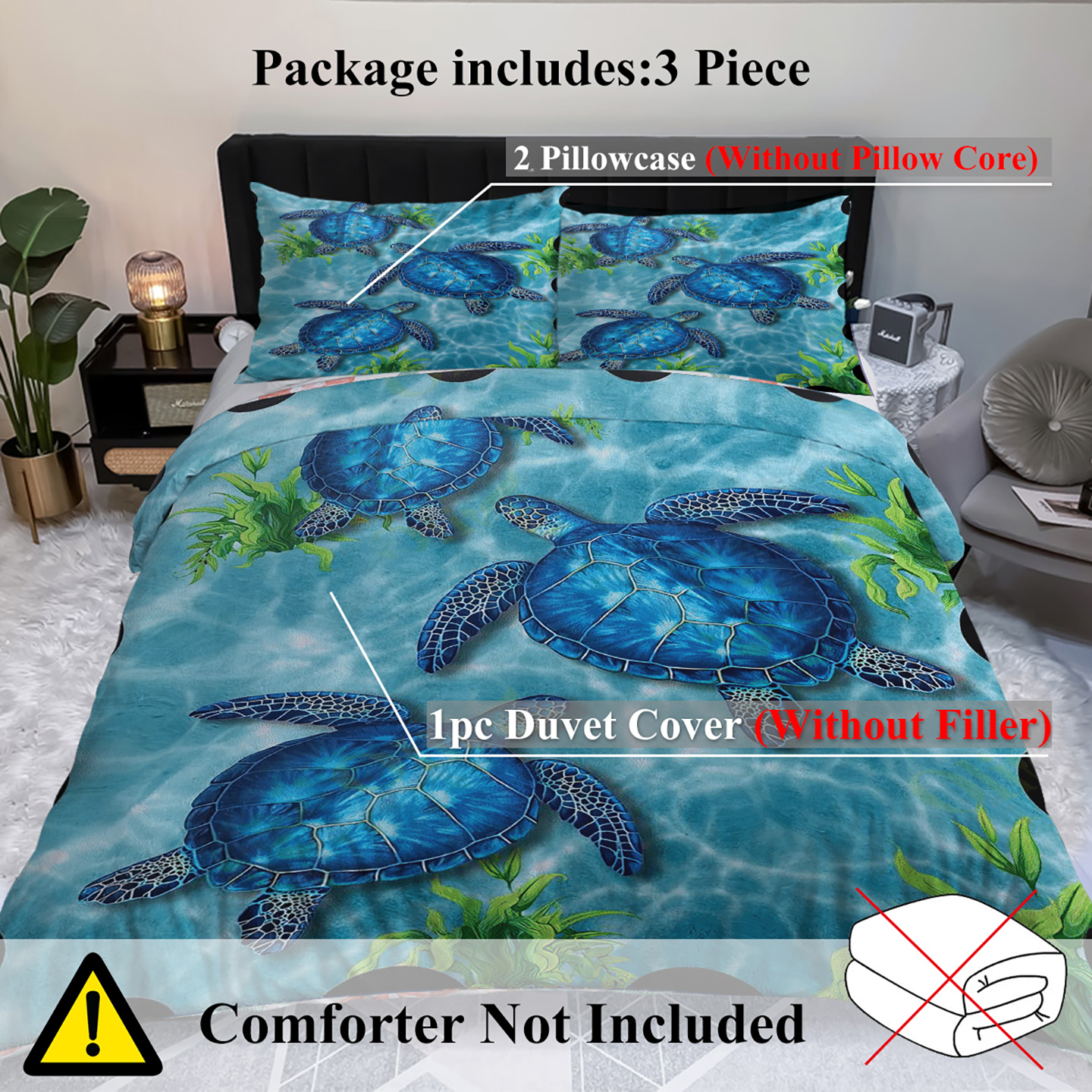 Manta de Tortuga Marina Estampada para Edredón, Conjunto de 3 Piezas Tamaño Rey, Muy Suave, Para Cama y Habitación, Todo el Año — imagen 4