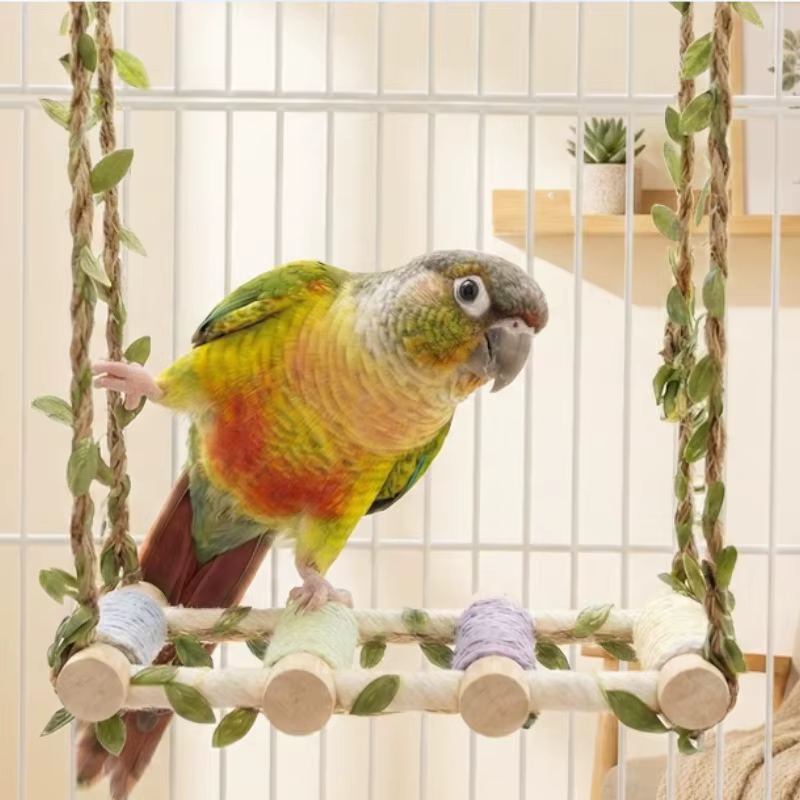 Columpio de pájaro de madera colgante con cuerda de algodón, columpio de jaula de pájaro, percha de pájaro, soporte de percha de pájaro, juguete de columpio de pájaro — imagen 1