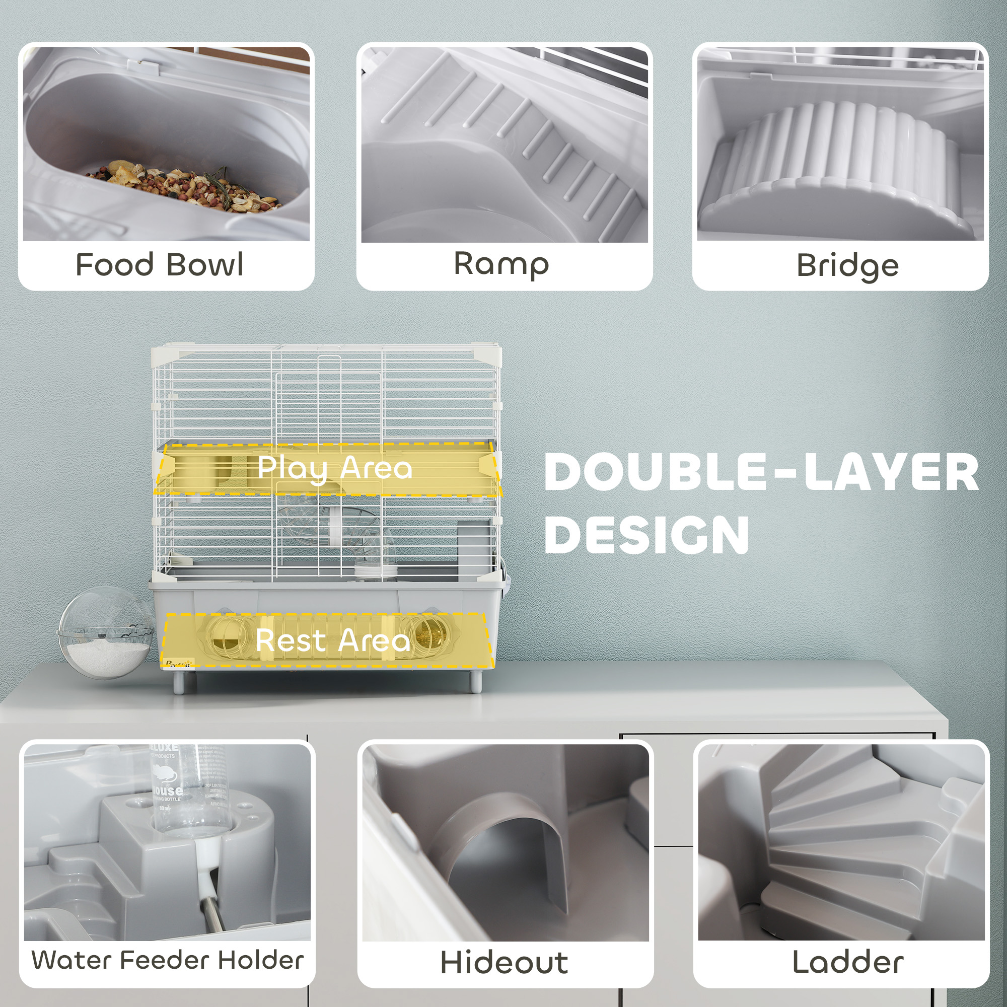 Jaula para Hámster de 2 Niveles con Baño de Arena, Rueda de Ejercicio, Bebedero, Tubos y Accesorios, para Hámster Enano, Gris — imagen 6