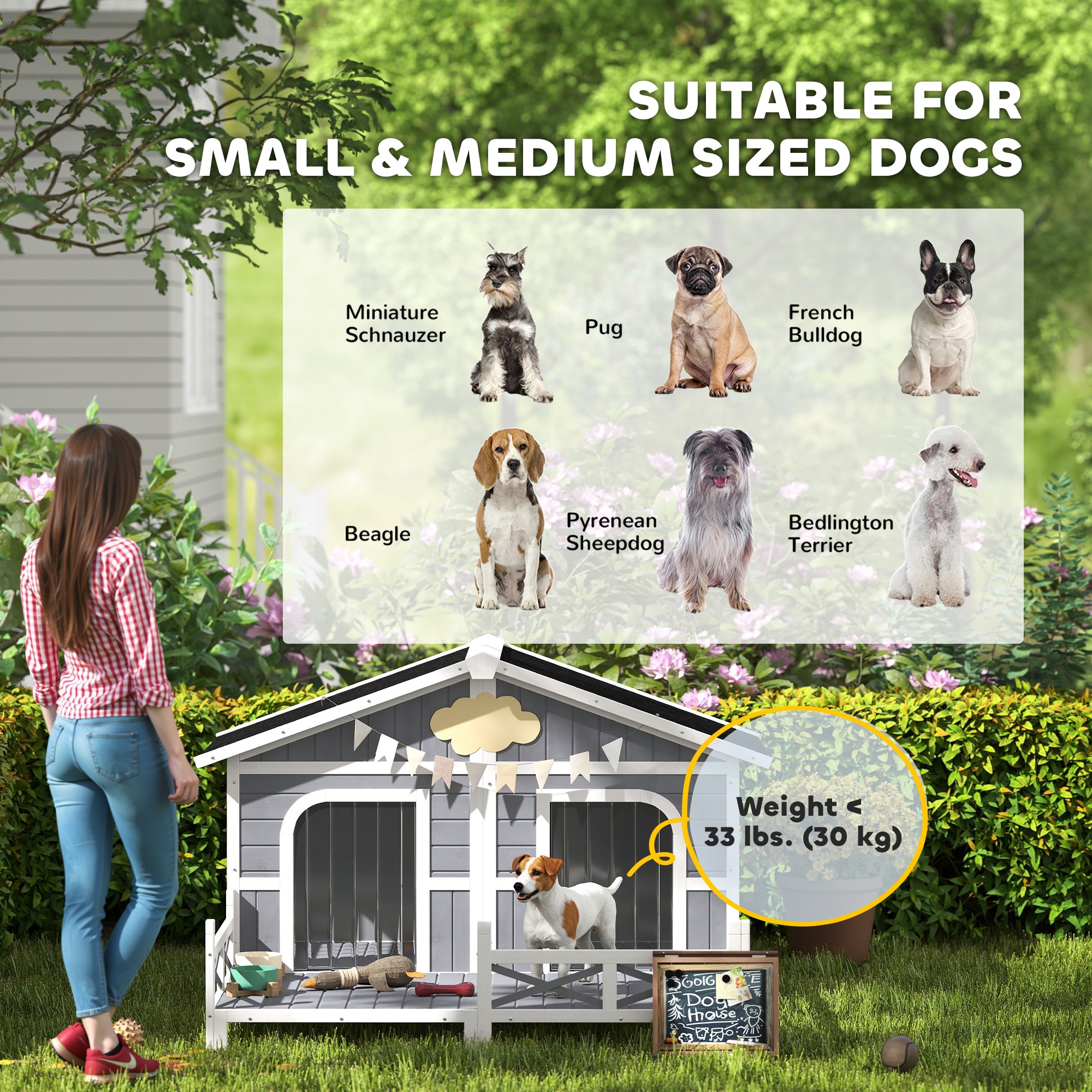 Casa para Perros Exterior, Caja de Madera para Mascotas con Porche, Techo Abordable, Base Elevada y Habitación doble para 2 Razas Pequeñas a Medianas — imagen 6