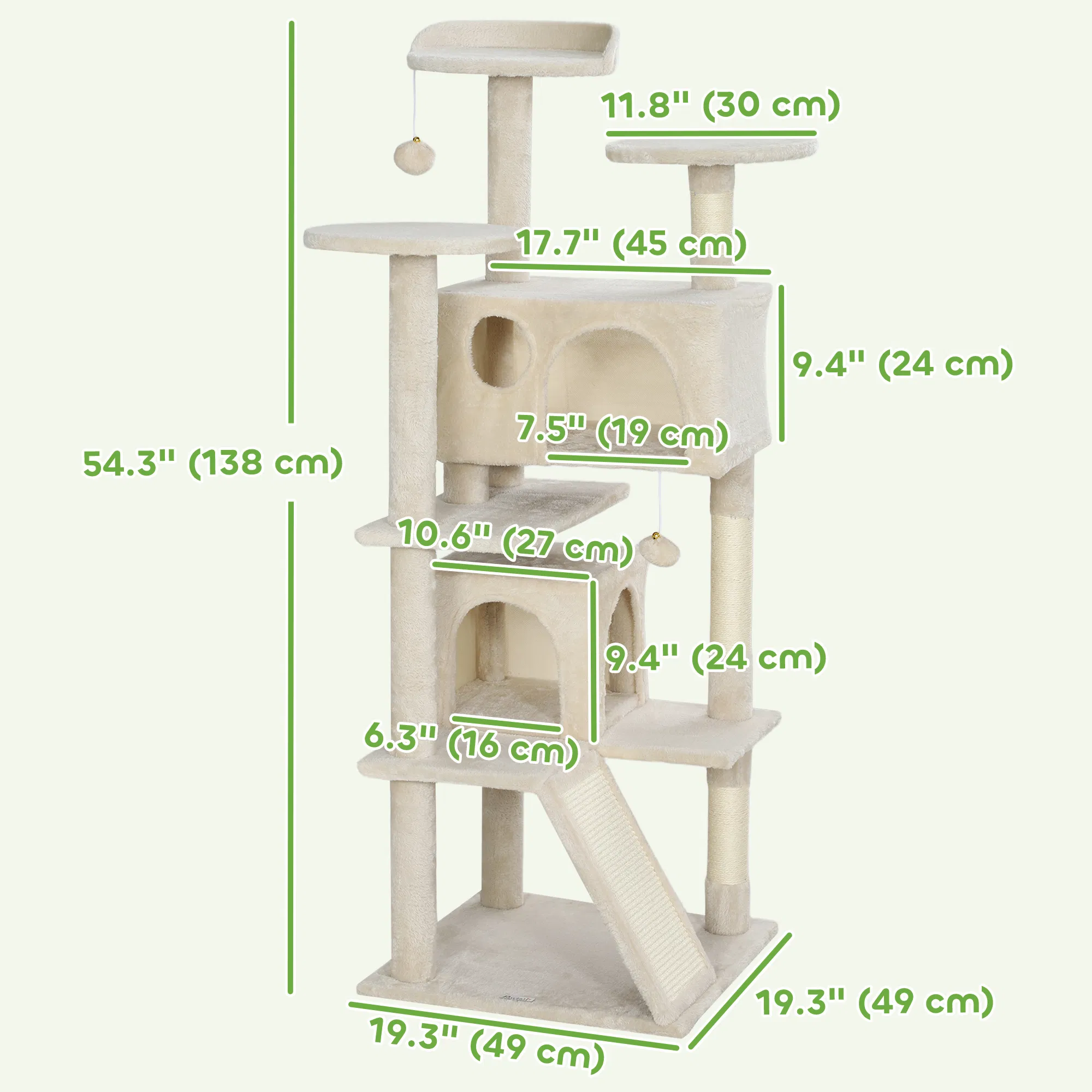 54" Cat Tree, Multi-Level Cat Tower with Scratching Posts, Cat Condos, Bed, Platforms, Ramp, Toy Ball, Beige — image 4